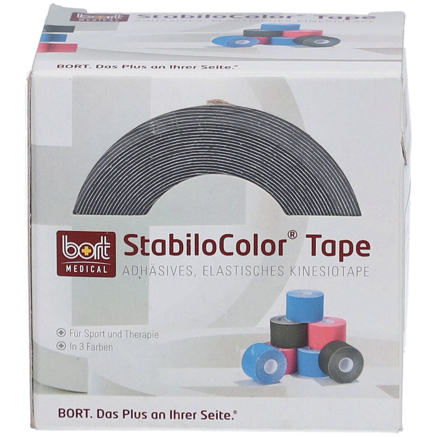 Box mit StabiloColor Tape. Aufschrift: StabiloColor Tape. Marke: BORT MEDICAL. Auf der Box sind Rollen in verschiedenen Farben abgebildet.