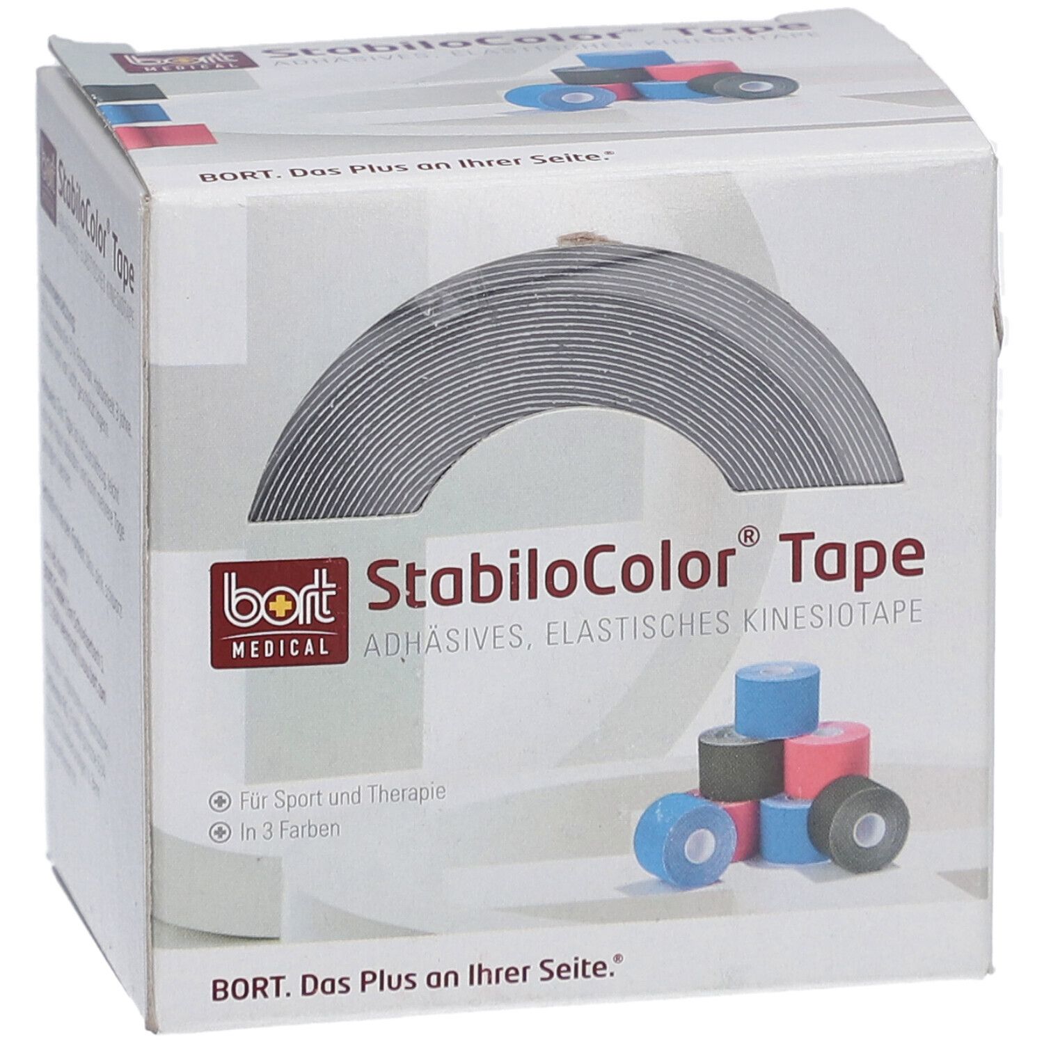 Box mit StabiloColor Tape. Aufschrift: StabiloColor Tape. Marke: BORT MEDICAL. Auf der Box sind Rollen in verschiedenen Farben abgebildet.
