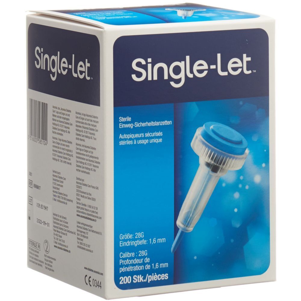 Verpackung von Single-Let. Blaue und weiße Schachtel mit Produktabbildung und Text. Enthält 200 Stück.