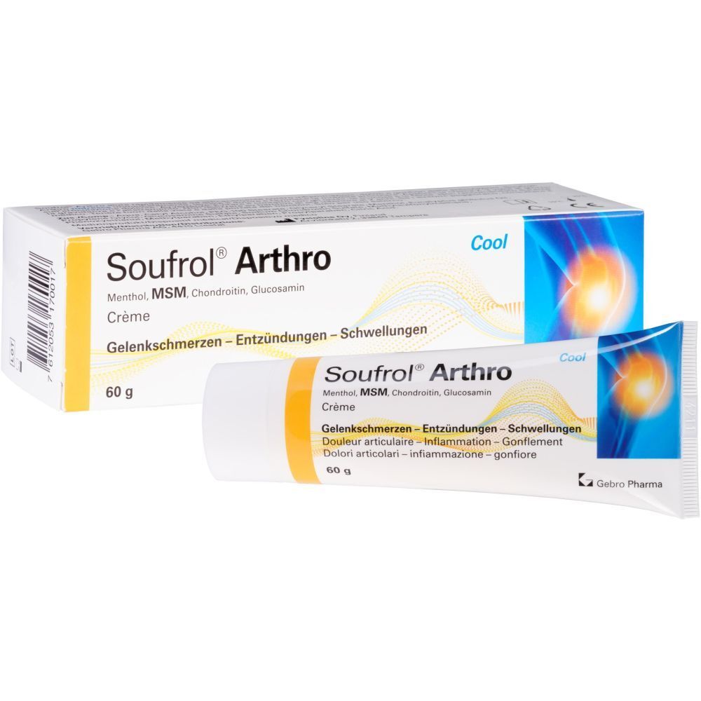 Verpackung und Tube Soufrol Arthro Creme. Aufschrift: Gelenkschmerzen, Entzündungen, Schwellungen. 60 g.