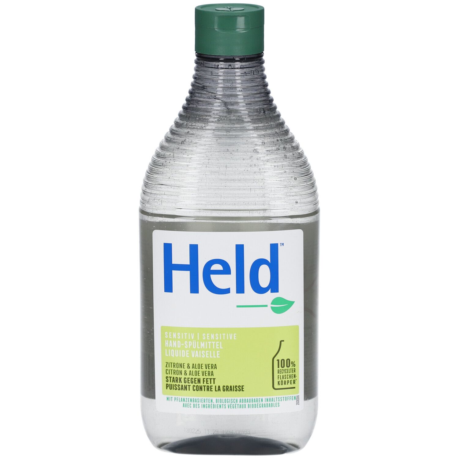Held Geschirrspülmittel Zitrone & Aloe Vera. Transparente Flasche mit grünem Deckel. Etikett mit Produktinformationen und Logo.