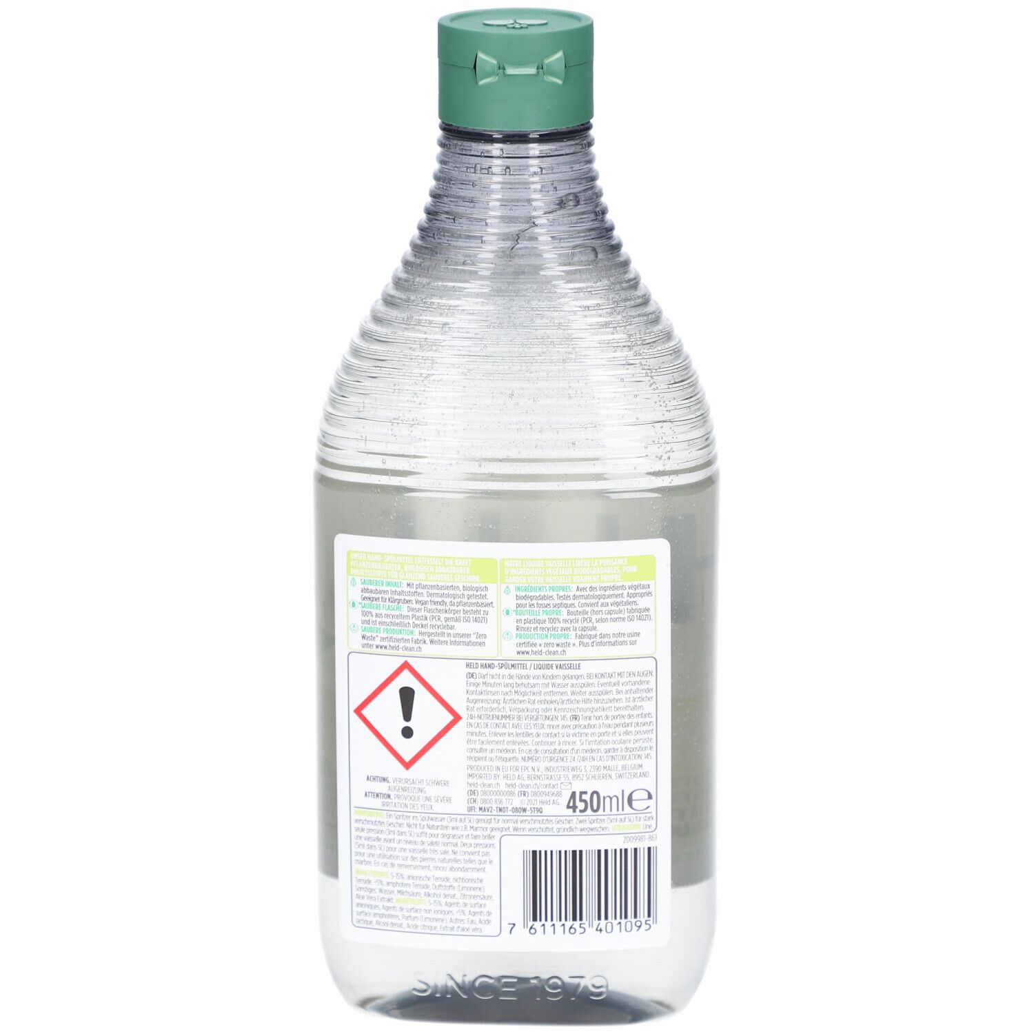 Rückseite der Flasche. Etikett mit Warnsymbol, Informationen und Barcode. Volumen: 450ml. Flaschenkörper aus 100% recyceltem Material.