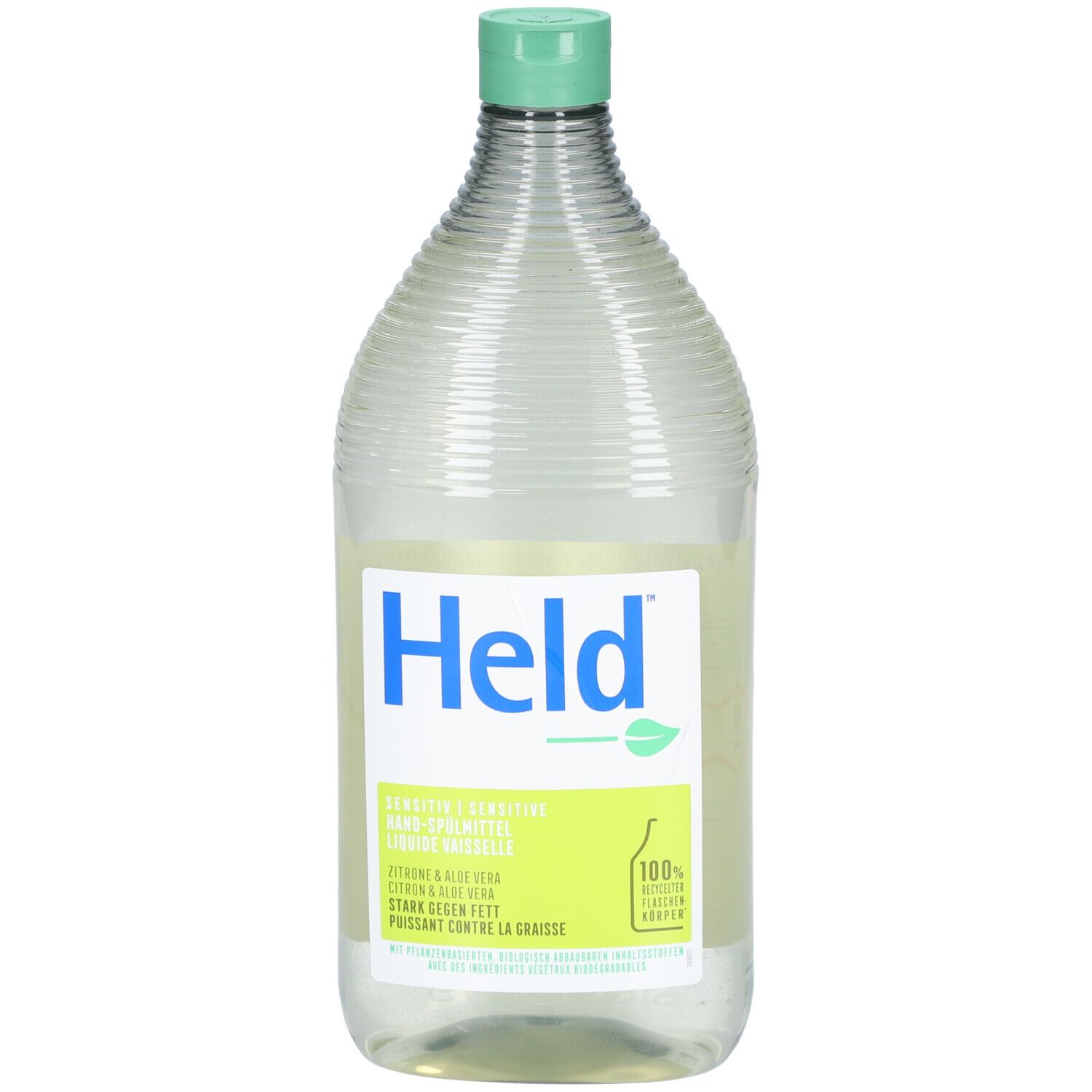 Transparente Flasche mit grünem Deckel. Aufschrift "Held" und Produktinformationen. Grün-weißes Etikett mit Blatt-Symbol.