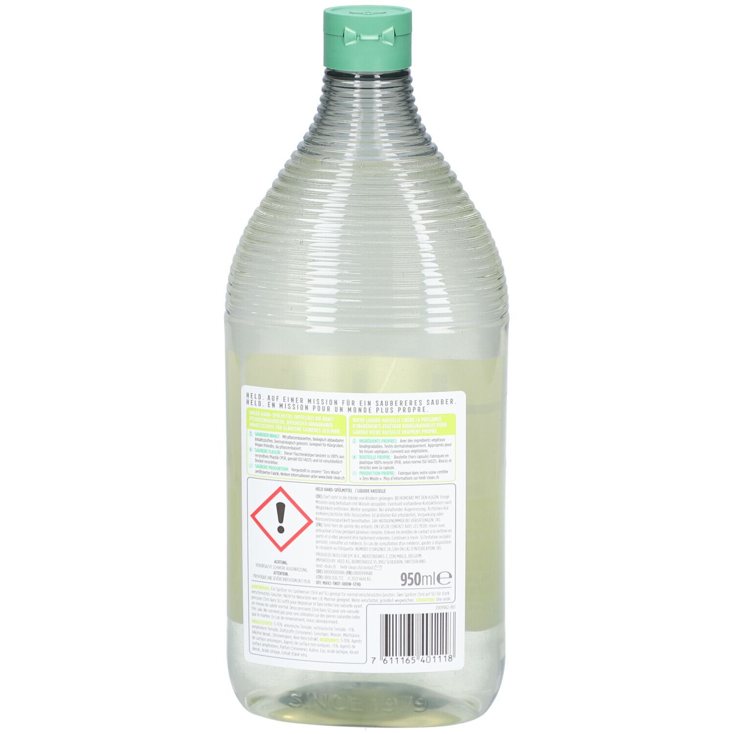 Rückseite der Flasche. Etikett mit Produktinformationen, Warnhinweisen und Barcode. Volumenangabe: 950ml.