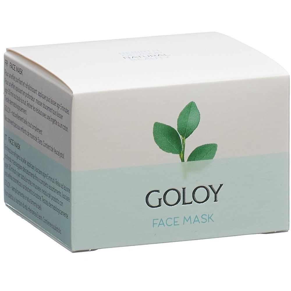 Emballage GOLOY FACE MASK avec motif de feuille.