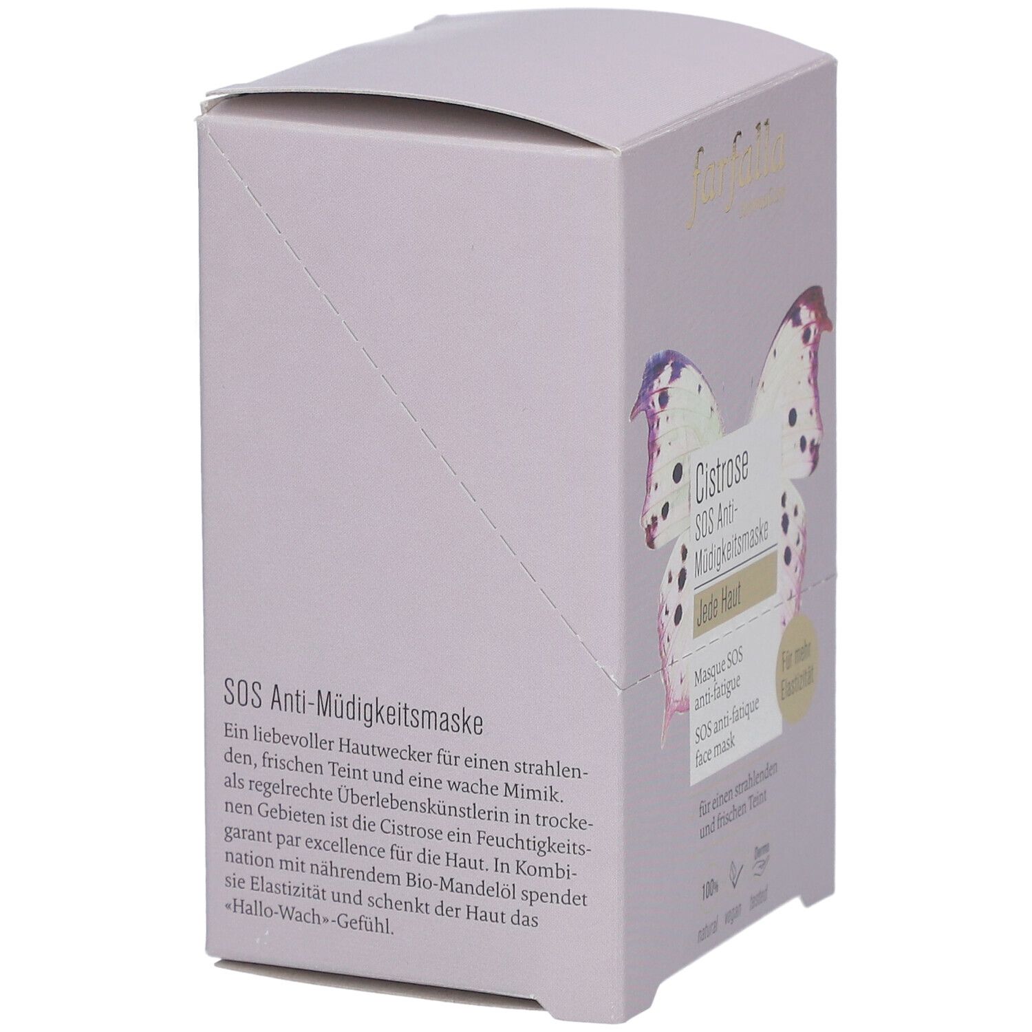 Hellviolette Produktverpackung. Aufschrift: SOS Anti-Müdigkeitsmaske. Text in Deutsch. Abbildung einer Schmetterlingsflügel.