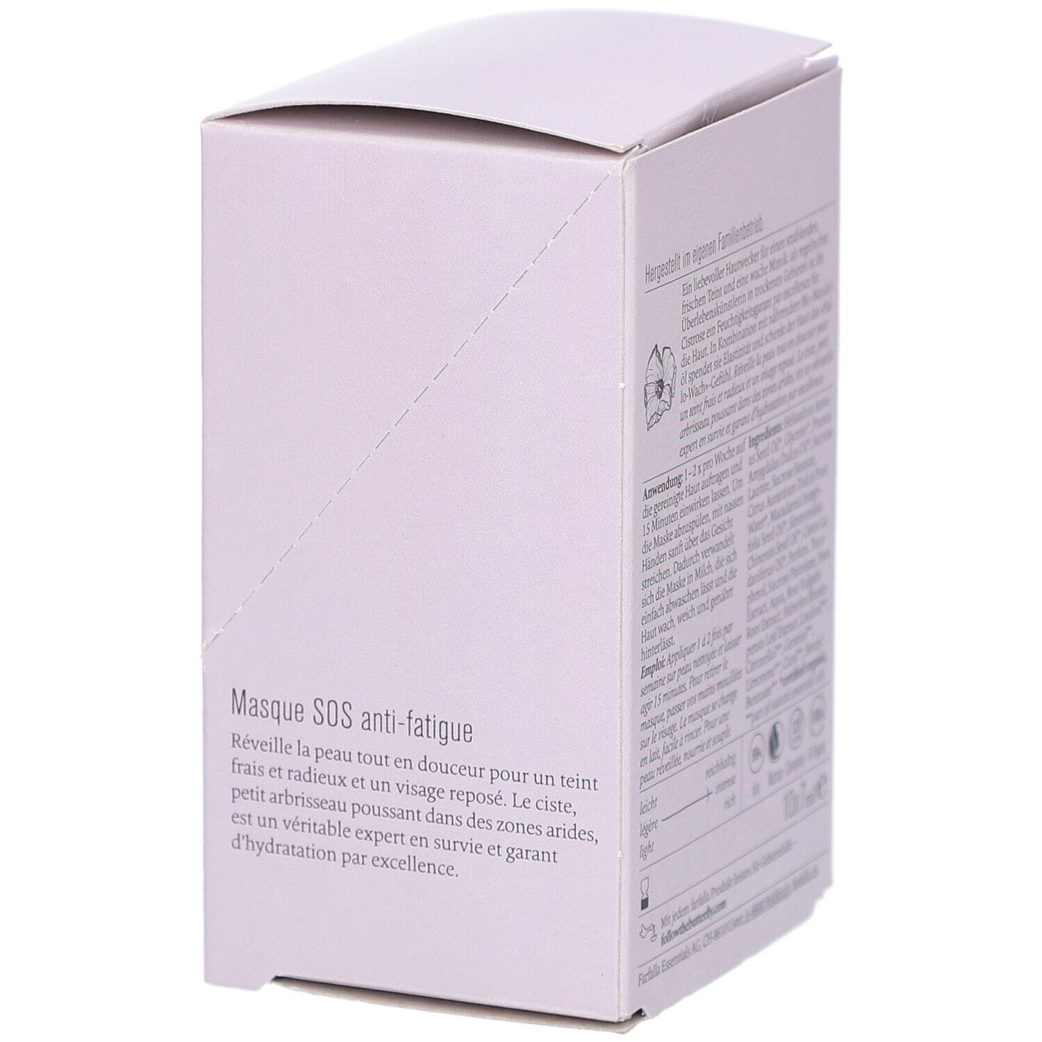 Hellviolette Produktverpackung. Text in Französisch. Aufschrift: Masque SOS anti-fatigue.