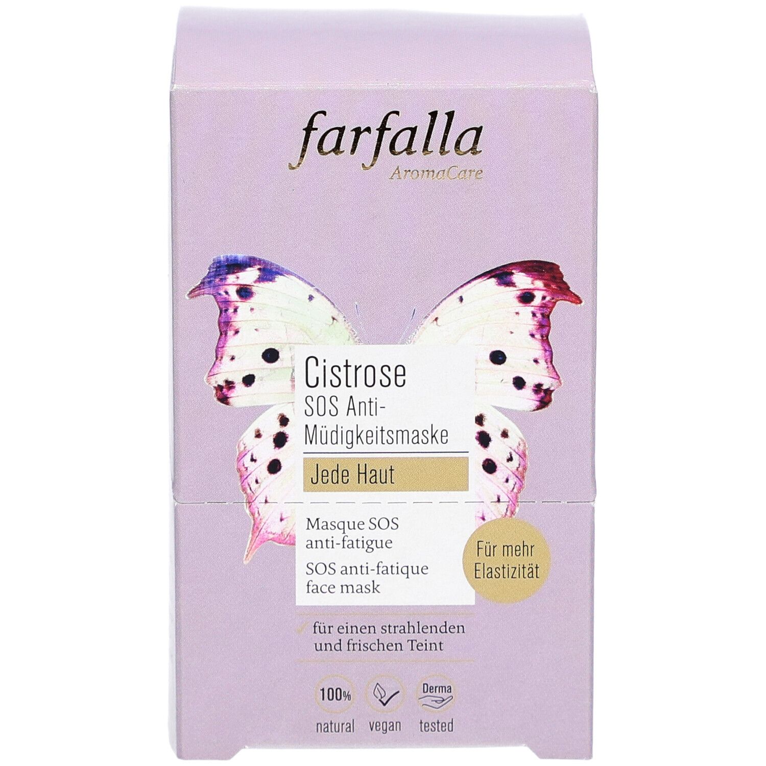 Hellviolette Produktverpackung. Aufschrift: farfalla, Cistrose SOS Anti-Müdigkeitsmaske, 10x7ml. Abbildung Schmetterling.