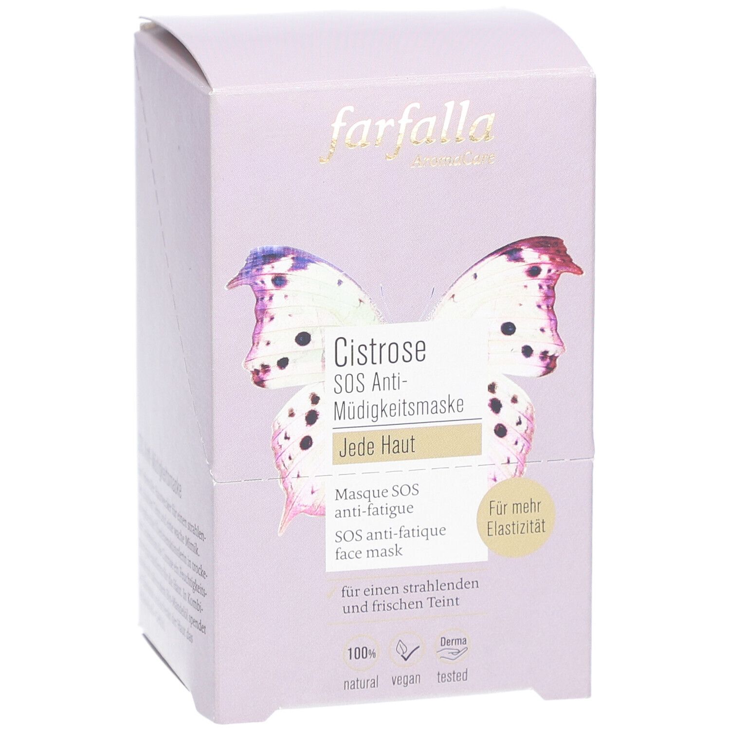 Hellviolette Produktverpackung. Aufschrift: farfalla, Cistrose SOS Anti-Müdigkeitsmaske, 10x7ml. Abbildung Schmetterling.