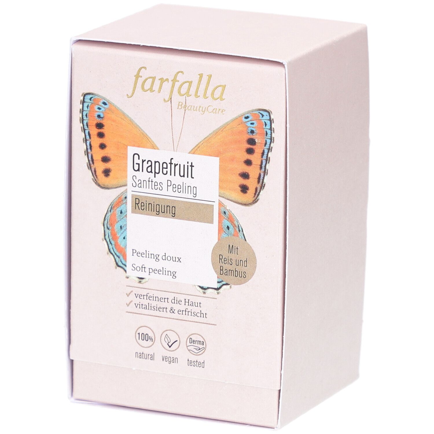 Rosa Karton mit Aufdruck. Enthält Produktinformationen und das Logo von farfalla. Aufdruck: Grapefruit, sanftes Peeling.