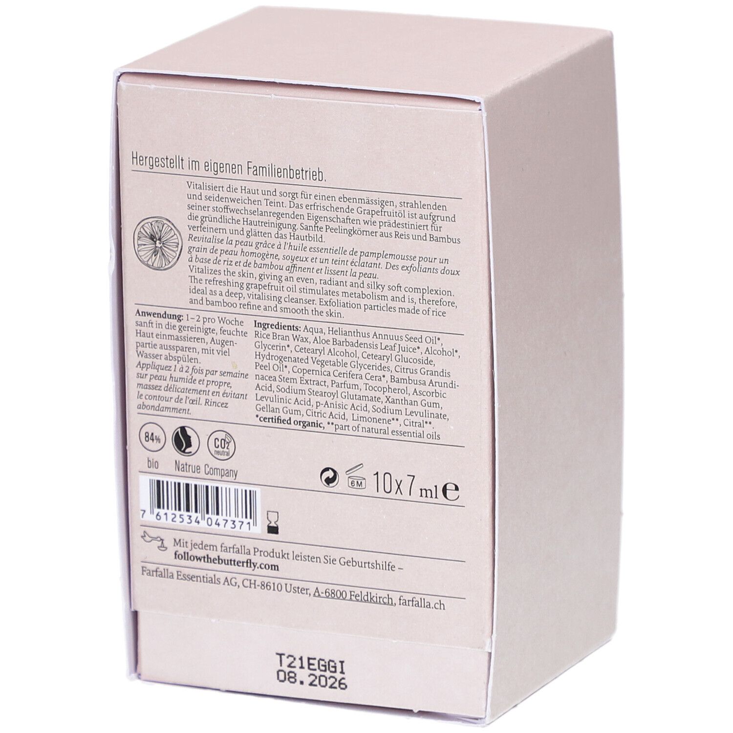 Rückseite der rosa Kartonverpackung. Enthält Produktinformationen, Inhaltsstoffe und das farfalla-Logo. 10x7ml.
