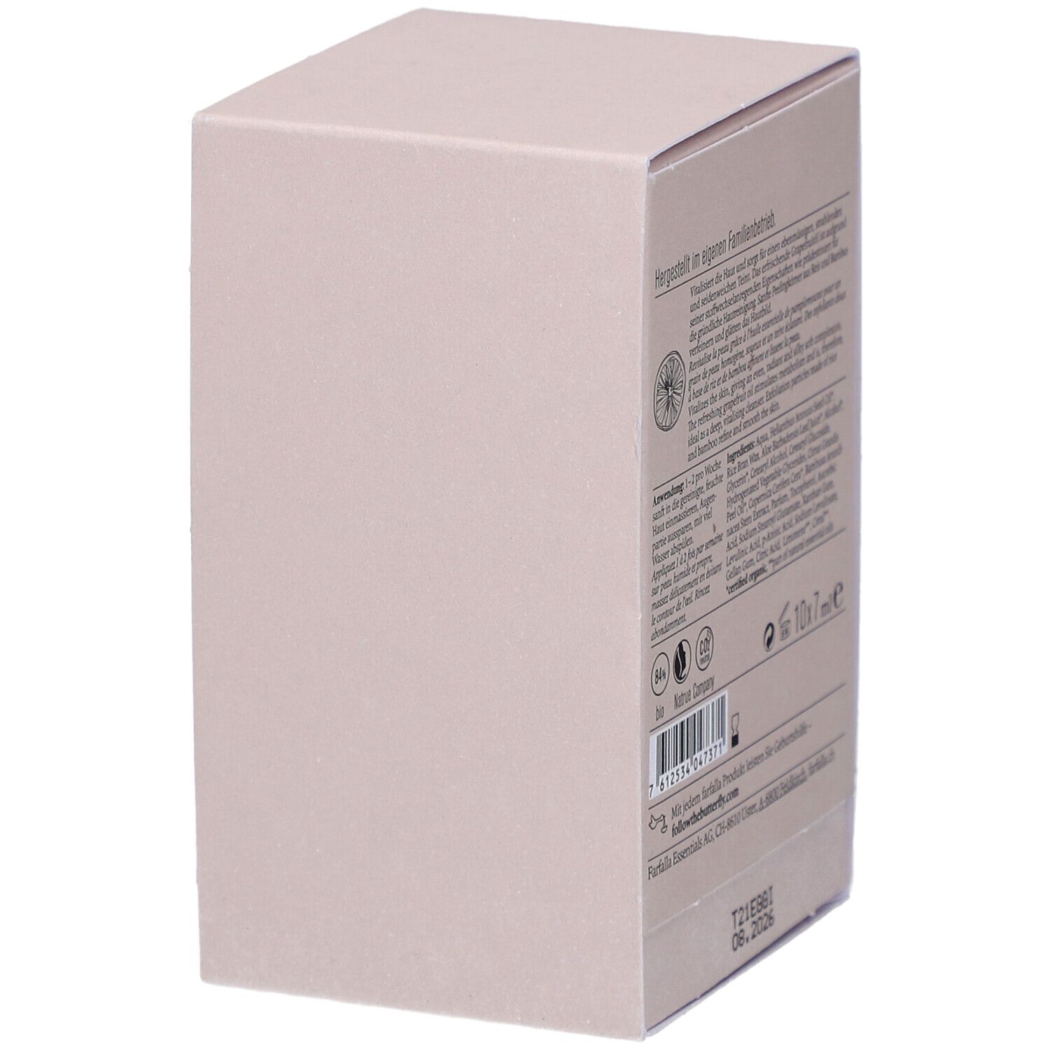 Seitenansicht der rosa Kartonverpackung. Enthält keine sichtbaren Produktinformationen. Das farfalla-Logo ist sichtbar.