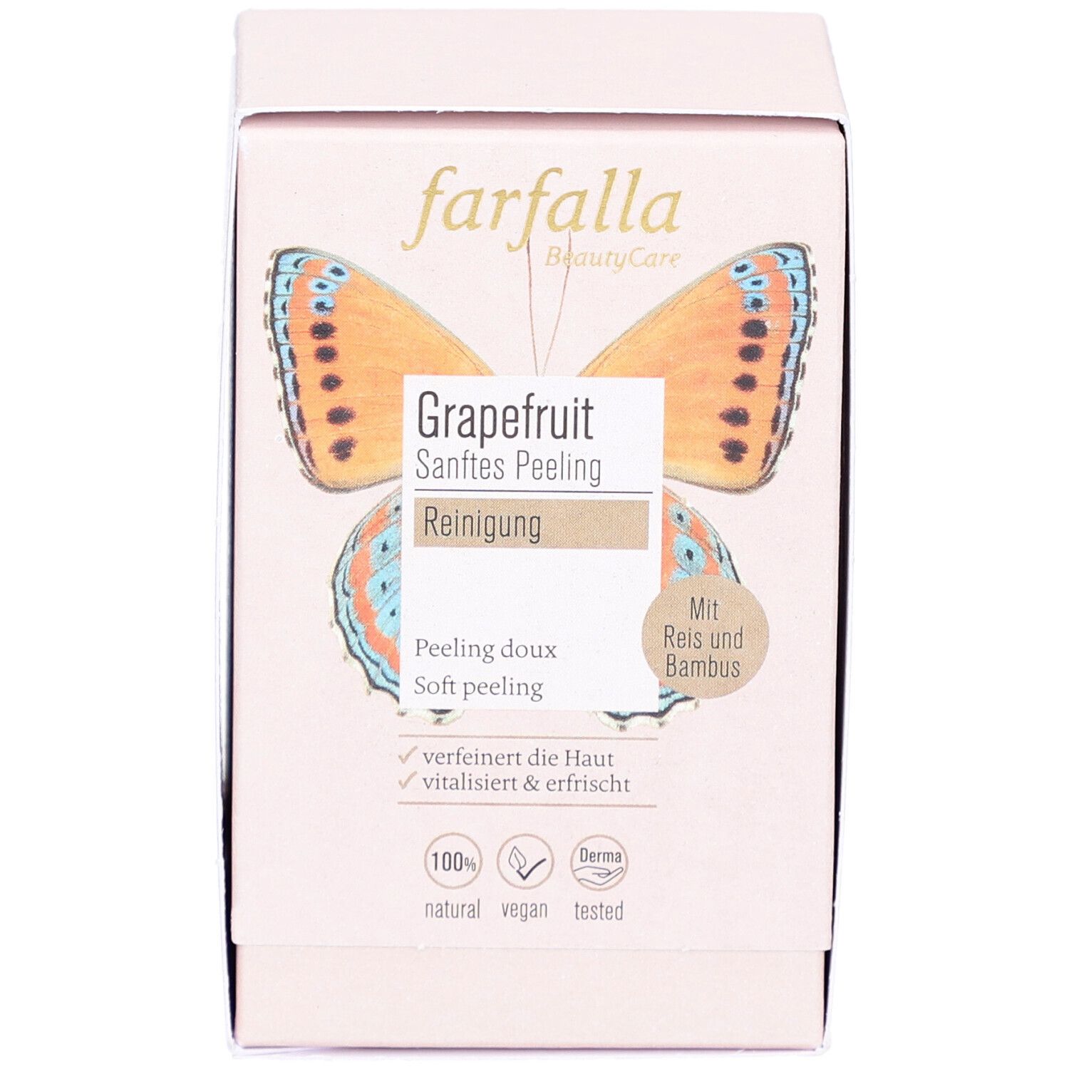 Rosa Karton mit Aufdruck. Enthält Produktinformationen und das Logo von farfalla. Aufdruck: Grapefruit, sanftes Peeling.