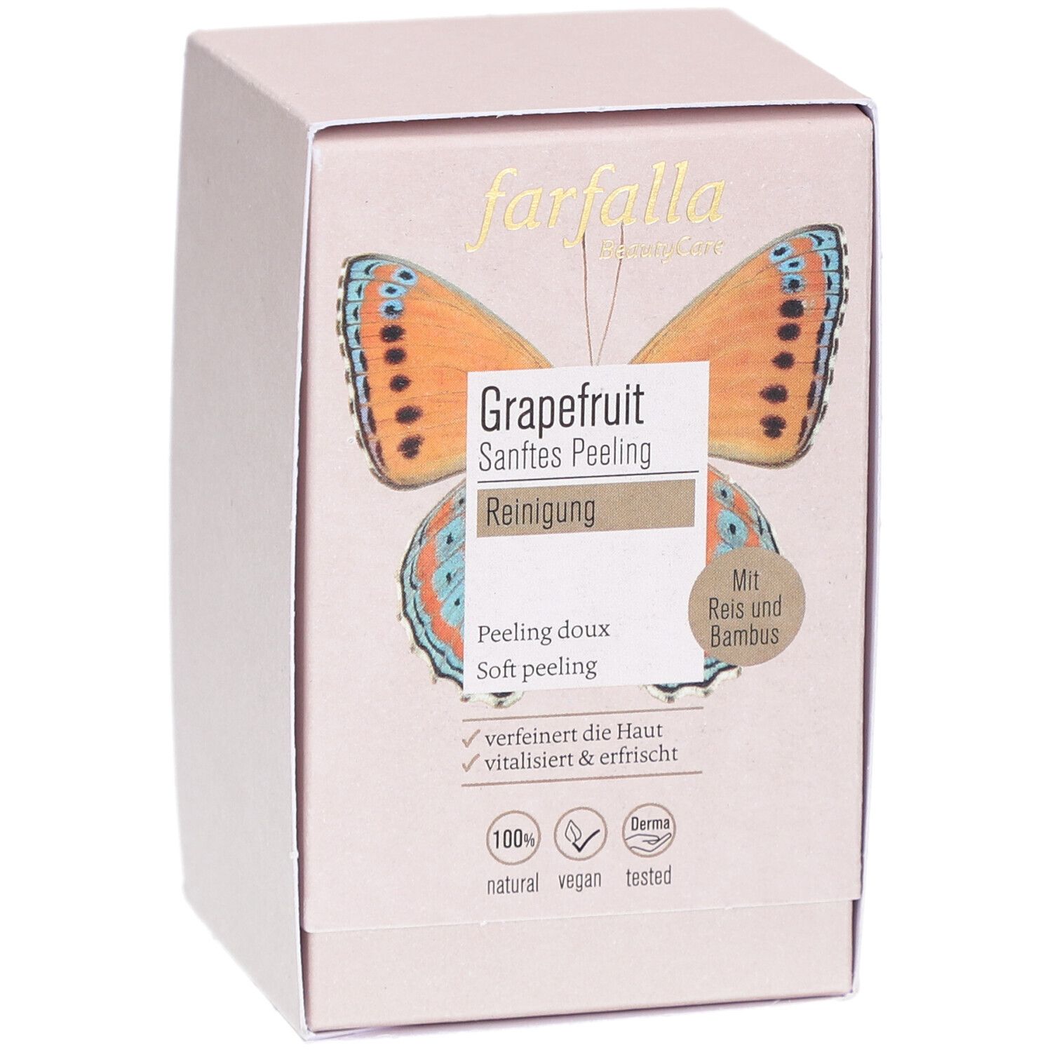 Rosa Karton mit Aufdruck. Enthält Produktinformationen und das Logo von farfalla. Aufdruck: Grapefruit, sanftes Peeling.