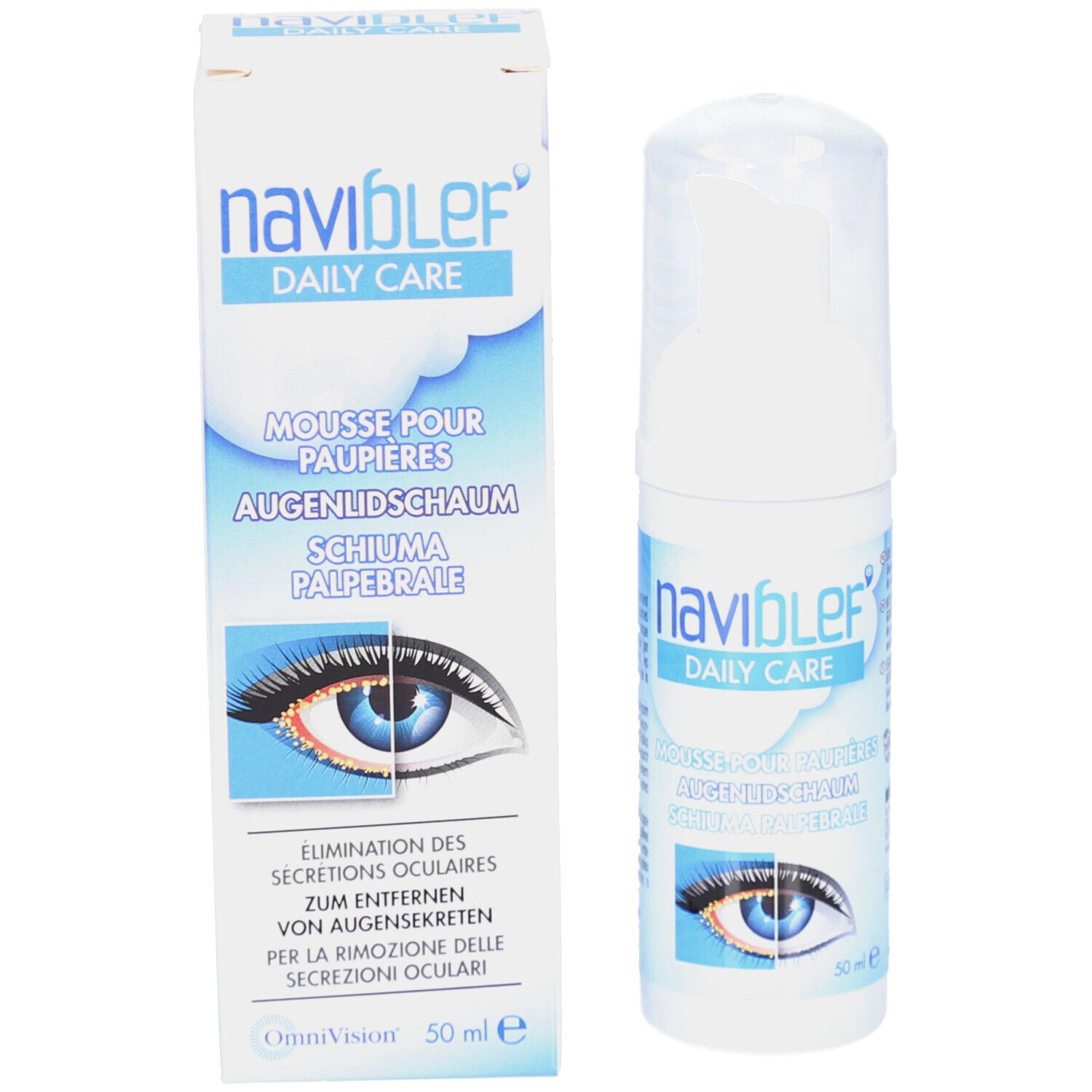 Produkt und Verpackung. Weiße Flasche mit Pumpverschluss und Karton. Aufschrift: naviBLEF DAILY CARE. Text und Abbildung eines Auges.