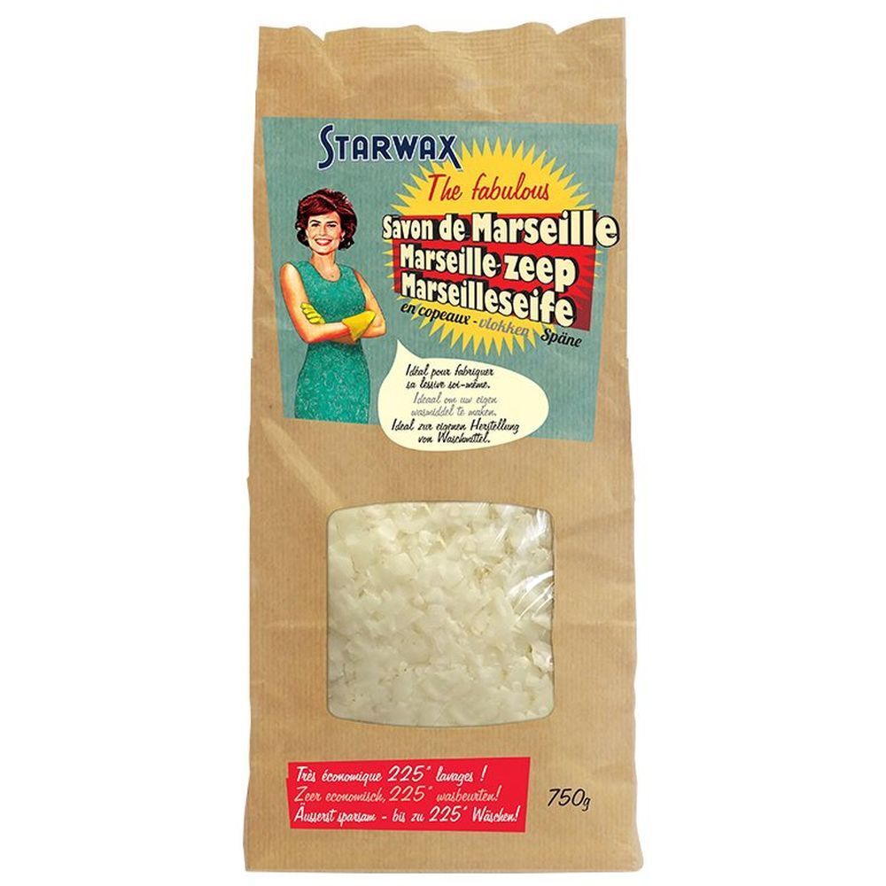 Sac de savon de Marseille en flocons STARWAX. Fenêtre montrant des flocons blancs. Inscriptions en allemand, français, néerlandais.