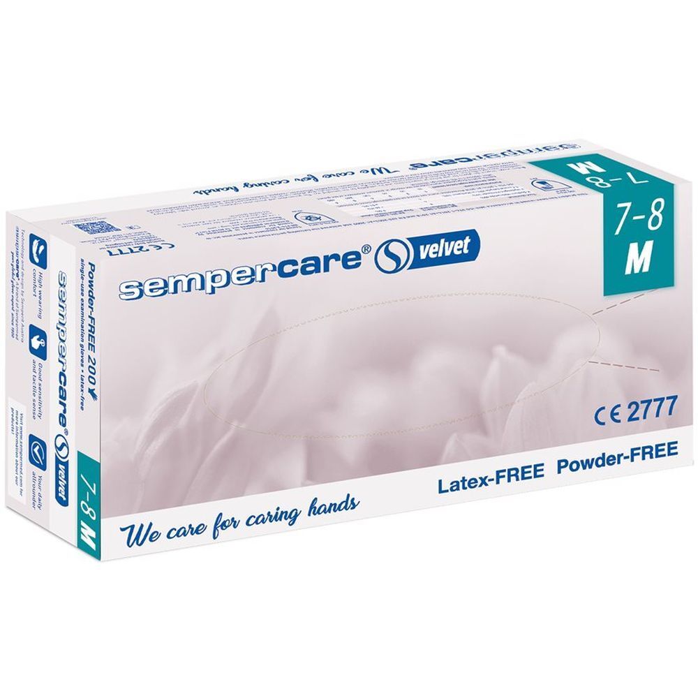sempercare® velvet M Handschuhe, Größe 7-8 M, Latex- und puderfrei. Verpackung mit CE-Kennzeichnung.