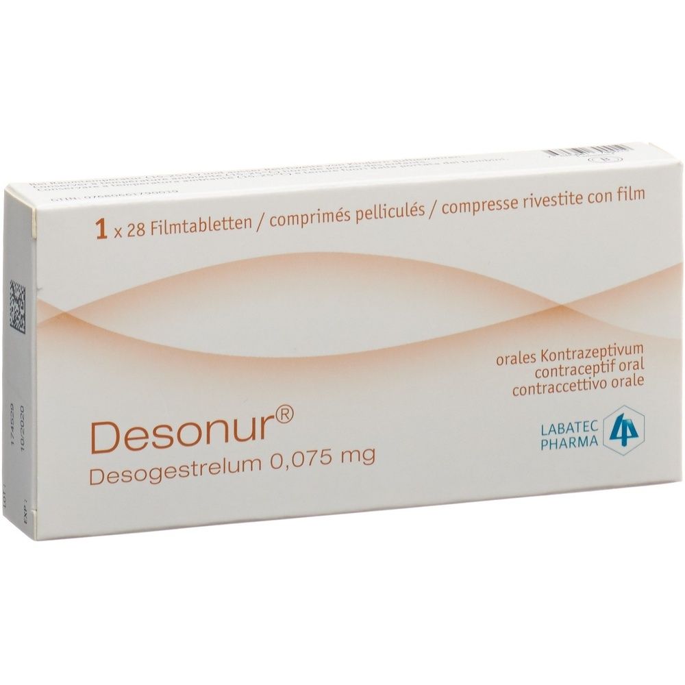 Kartonverpackung mit Produktnamen und Schriftzug. Beige und weiße Farbgebung. Aufschrift: Desonur Filmtabl 0.075 mg 28 Stk.