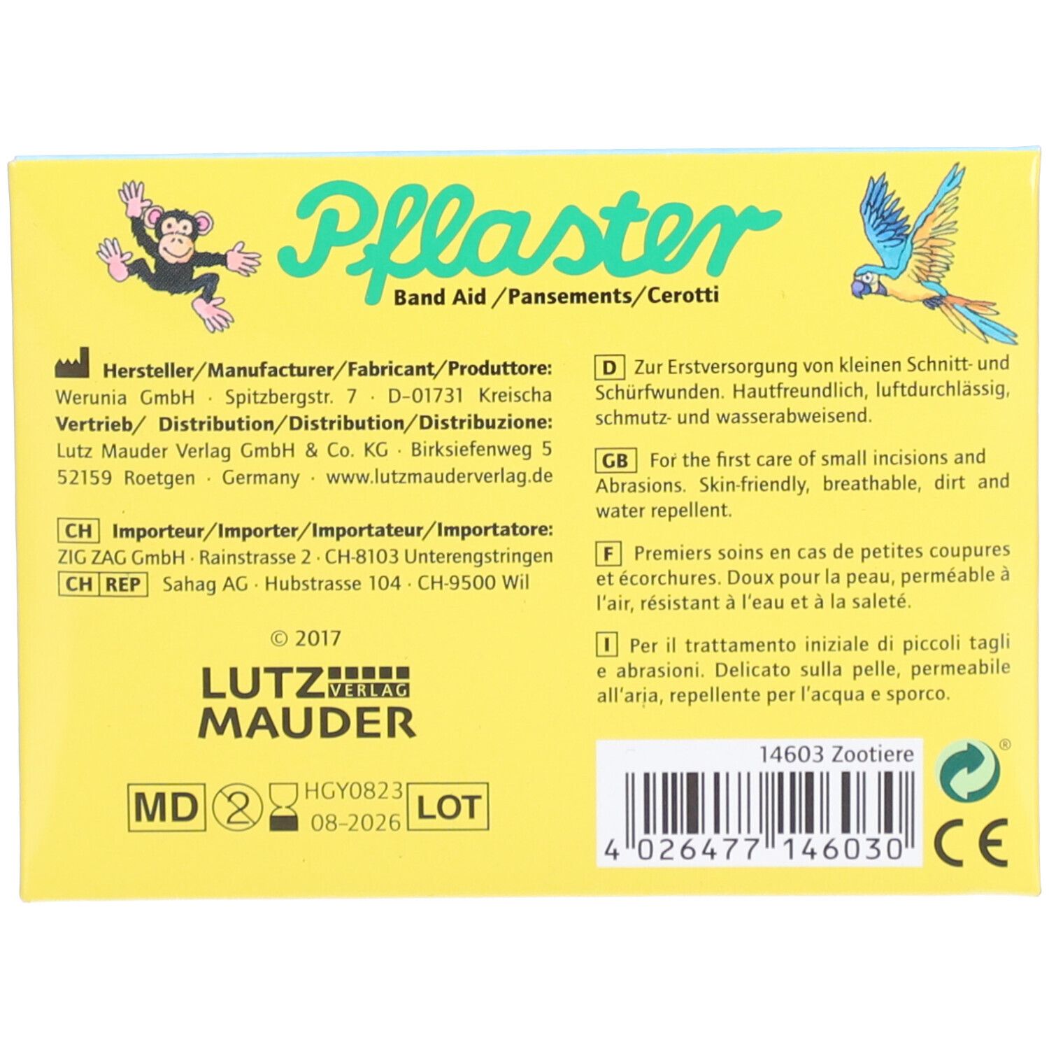 Dos de l'emballage de pansements. Texte : Pflaster, Lutz Mauder Verlag, informations fabricant, numéro de lot, date de péremption, marquage CE.