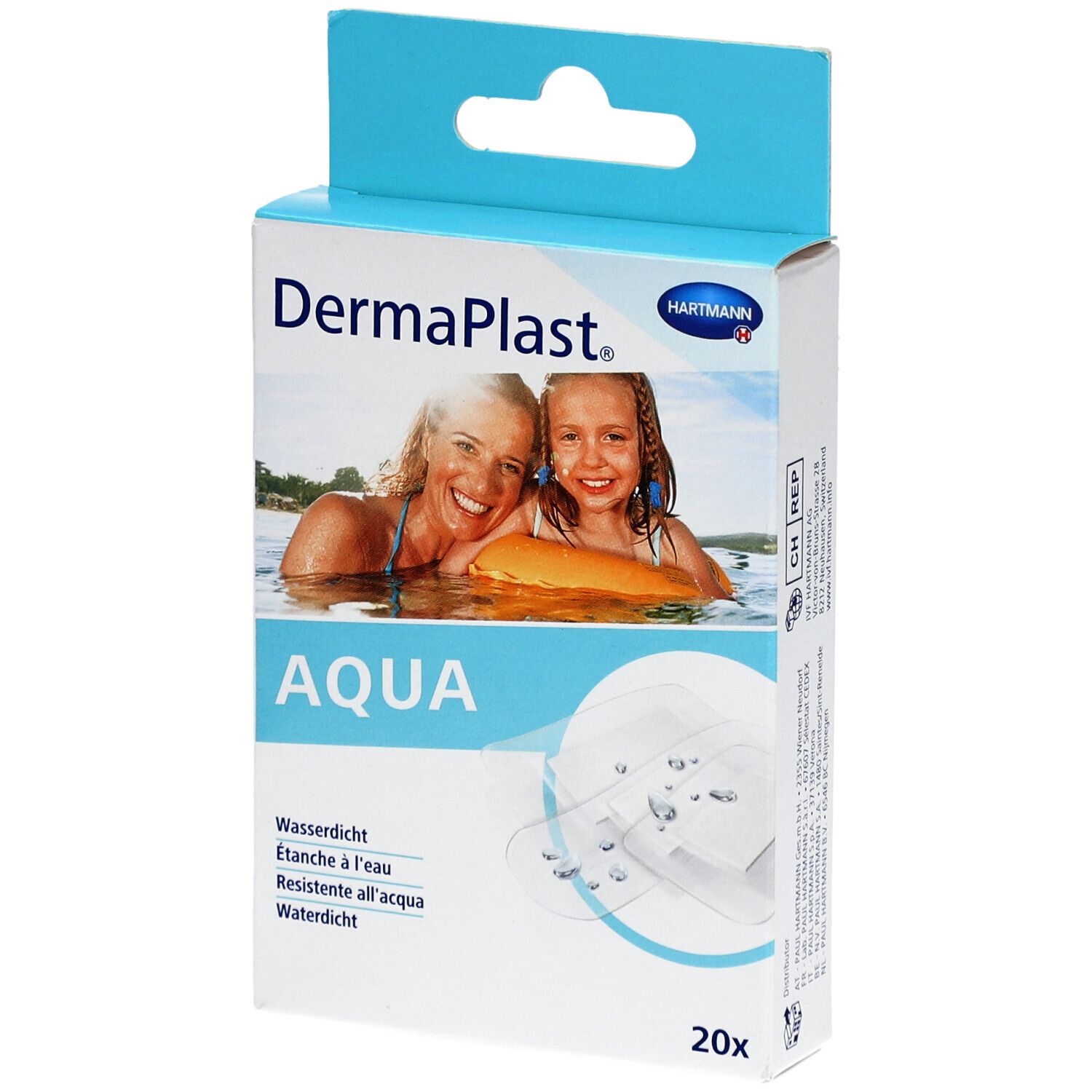Boîte de pansements DermaPlast® Aqua. Face avant avec logo, nom du produit et image de personnes dans l'eau. 20 pièces.