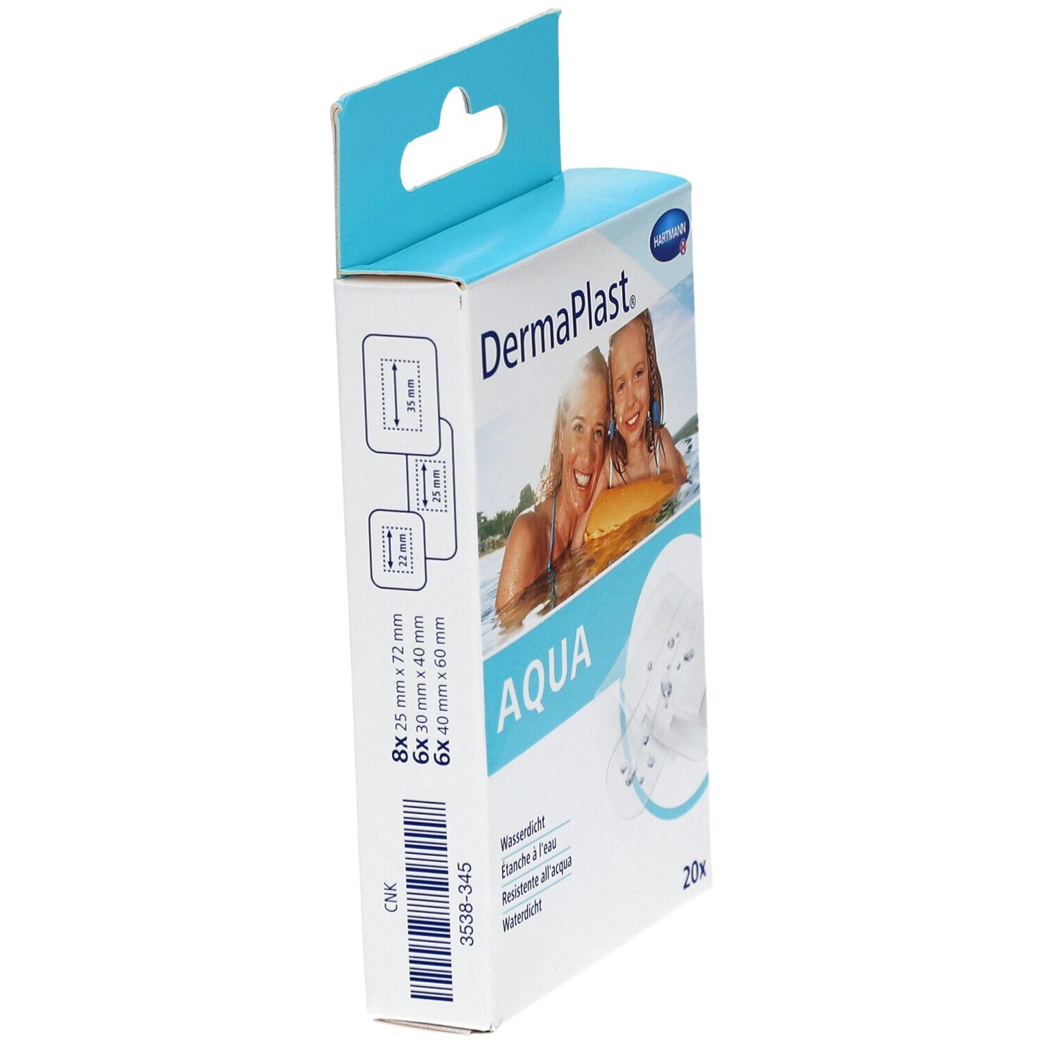 Vue latérale de l'emballage des pansements DermaPlast® Aqua. Nom du produit, indications de taille et code-barres visibles. 20 pièces.