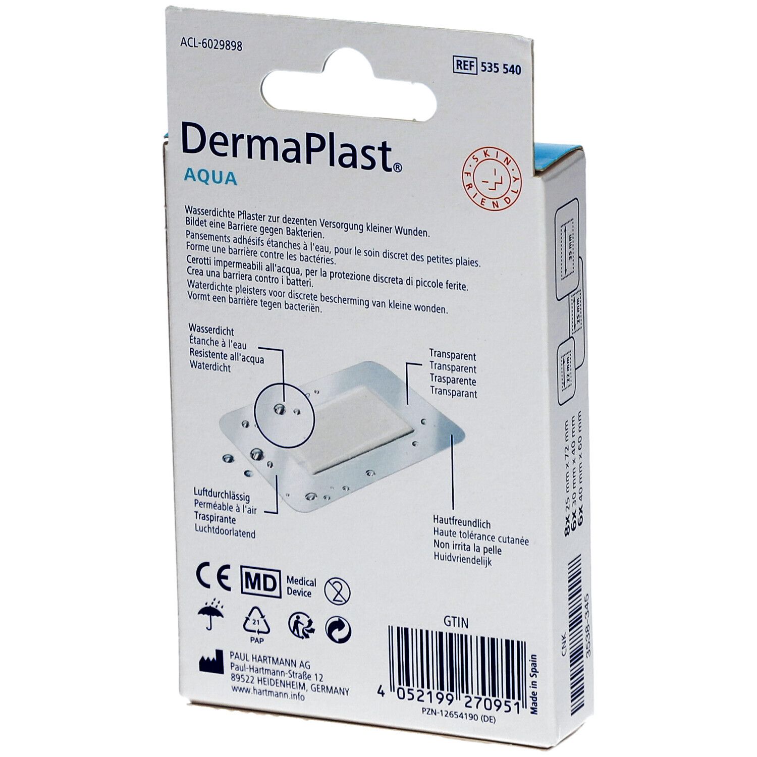 Dos de l'emballage des pansements DermaPlast® Aqua. Informations sur le produit, certifications et pansements transparents illustrés.