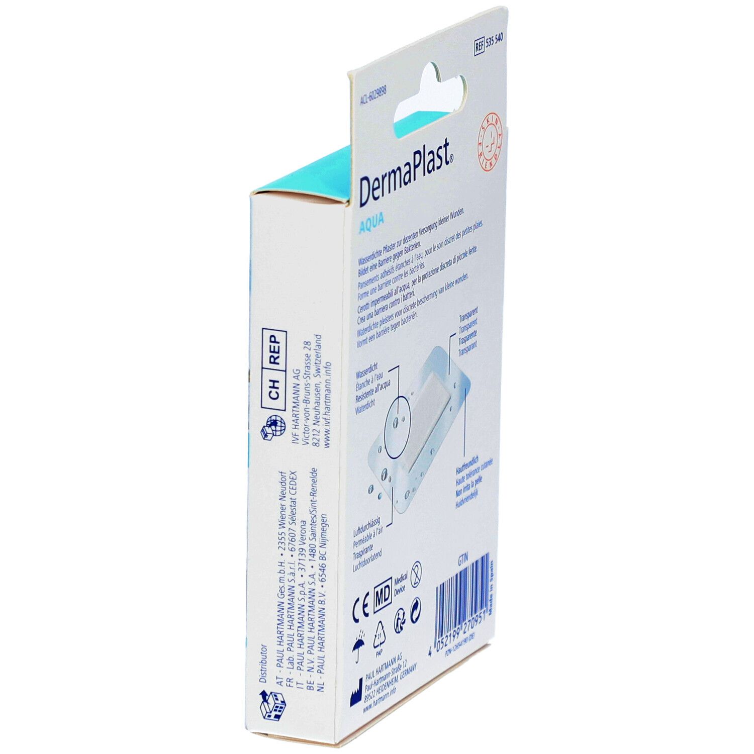 Vue latérale de l'emballage des pansements DermaPlast® Aqua. Nom du produit et informations, ainsi qu'un code-barres sont visibles.
