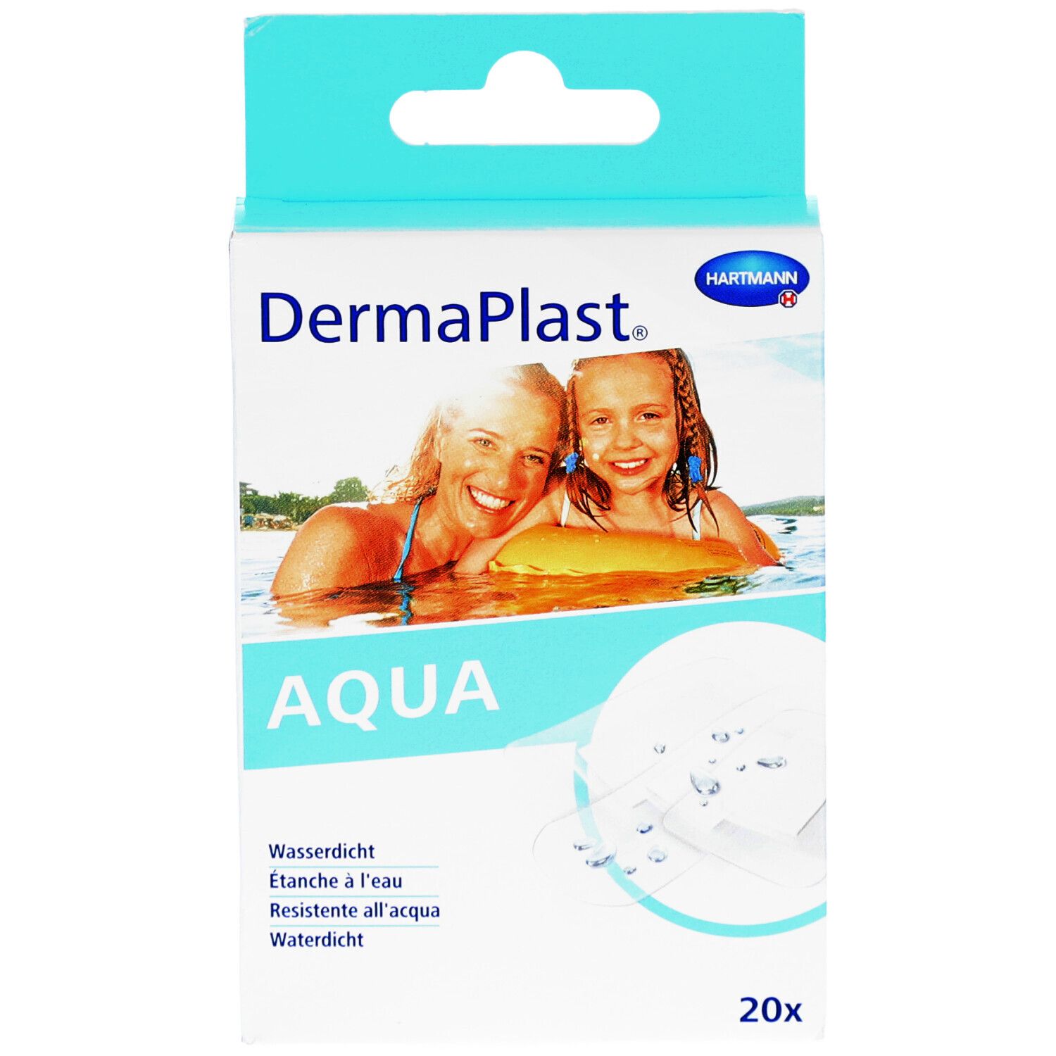 Vue de face de l'emballage des pansements DermaPlast® Aqua. Logo, nom du produit et image de personnes dans l'eau. 20 pièces.