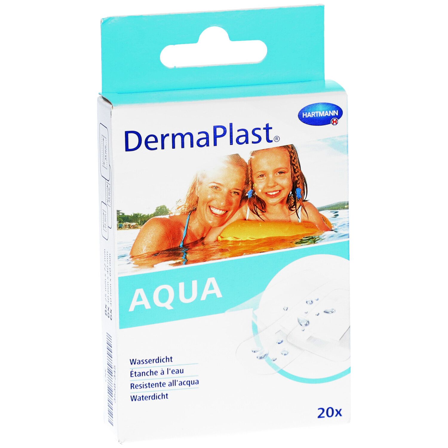 Vue de face de l'emballage des pansements DermaPlast® Aqua. Logo, nom du produit et image de personnes dans l'eau. 20 pièces.