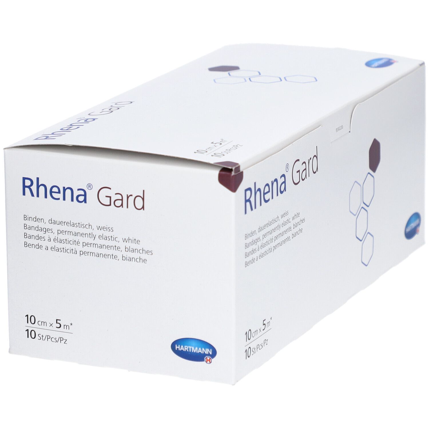 Weißer Karton Rhena Gard. Elastische Binden. 10 cm x 5 m, 10 Stück. Hartmann Logo. Perspektivische Ansicht.