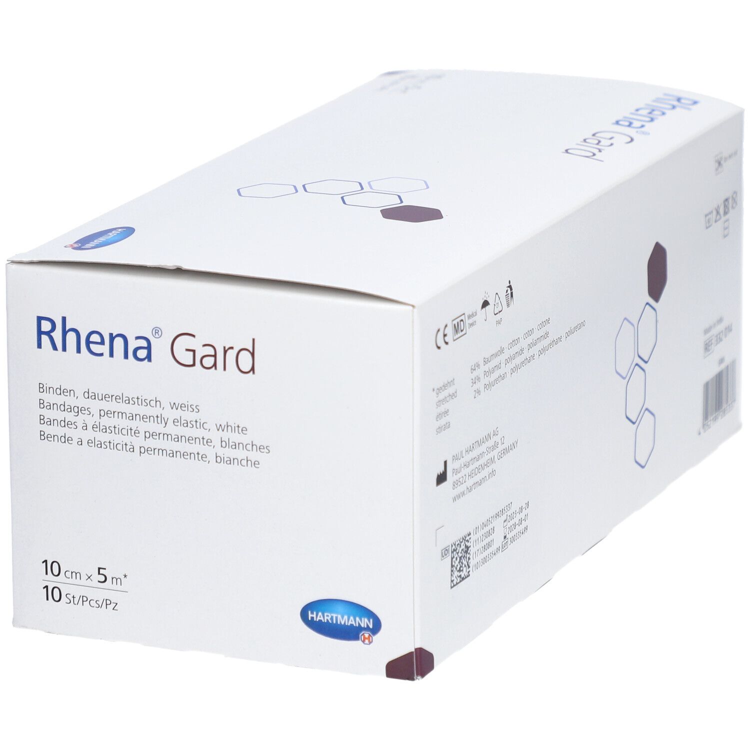Weißer Karton Rhena Gard. Elastische Binden. 10 cm x 5 m, 10 Stück. Hartmann Logo. Perspektivische Ansicht.
