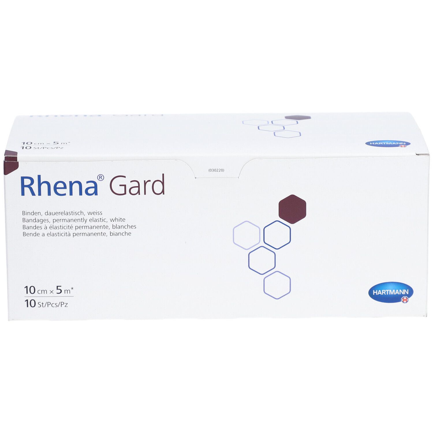 Weißer Karton mit Aufschrift Rhena Gard. Enthält elastische Binden. 10 cm x 5 m, 10 Stück. Hartmann Logo.