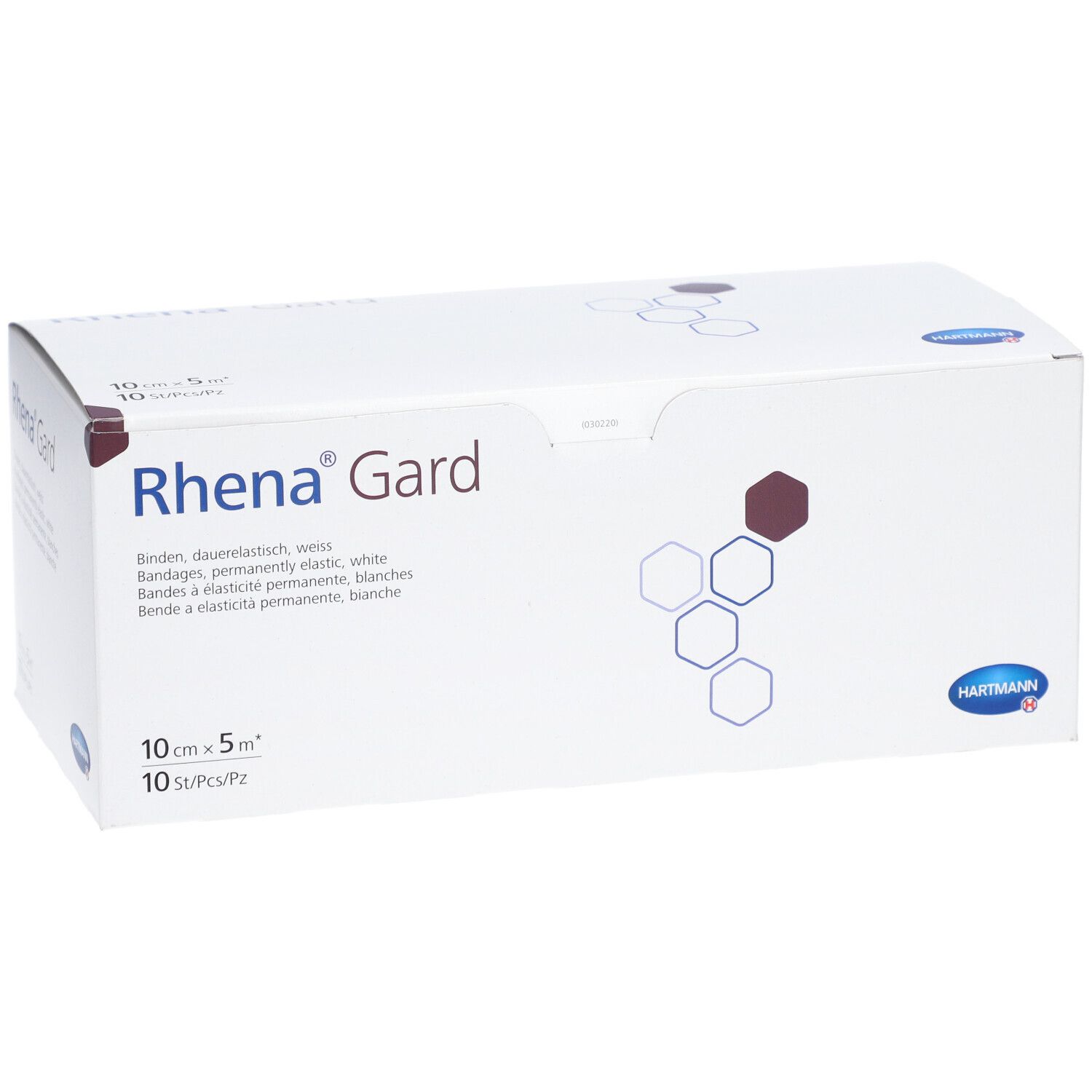 Weißer Karton mit Aufschrift Rhena Gard. Enthält elastische Binden. 10 cm x 5 m, 10 Stück. Hartmann Logo.