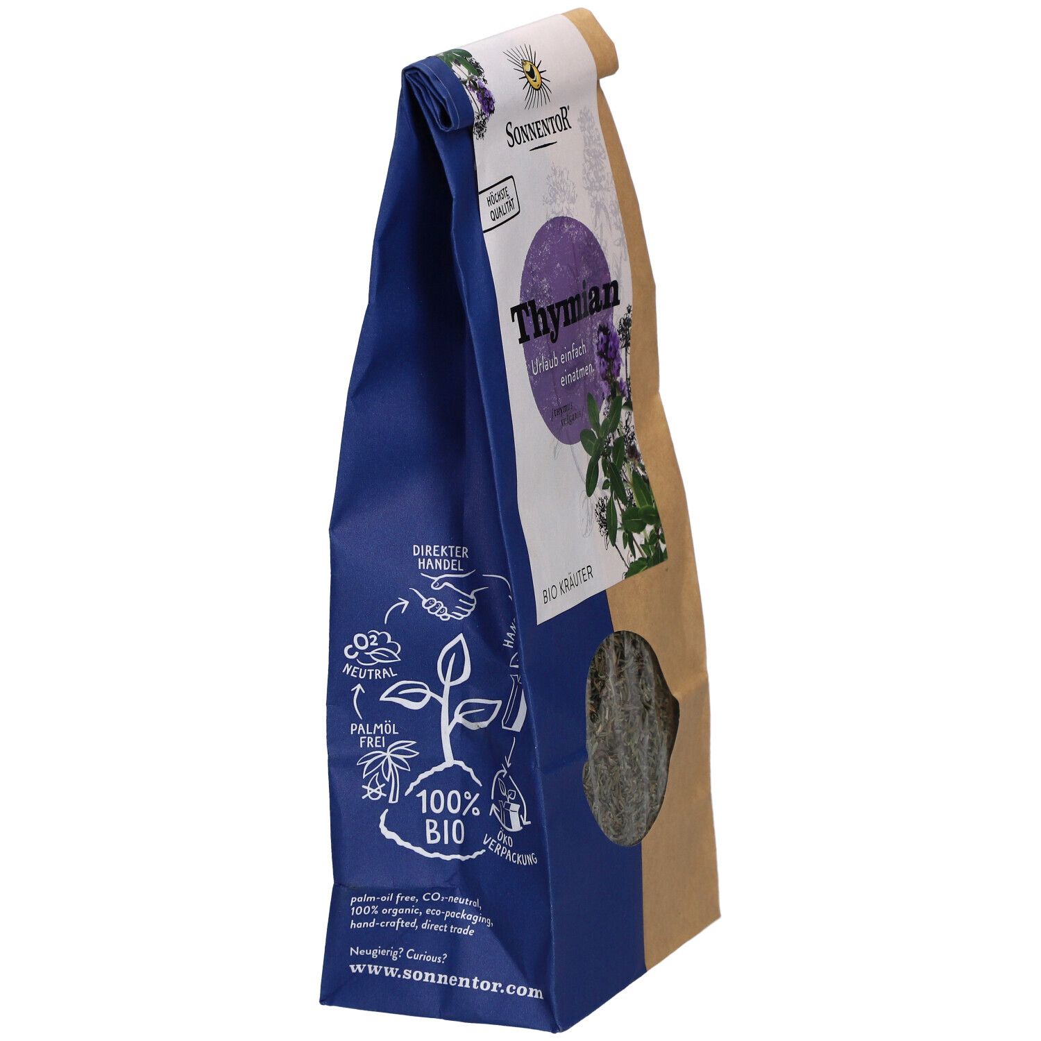 Sachet de thym. Emballage bleu et marron. Marque Sonnentor. Inscription : 100% Bio, Direkt Handel.