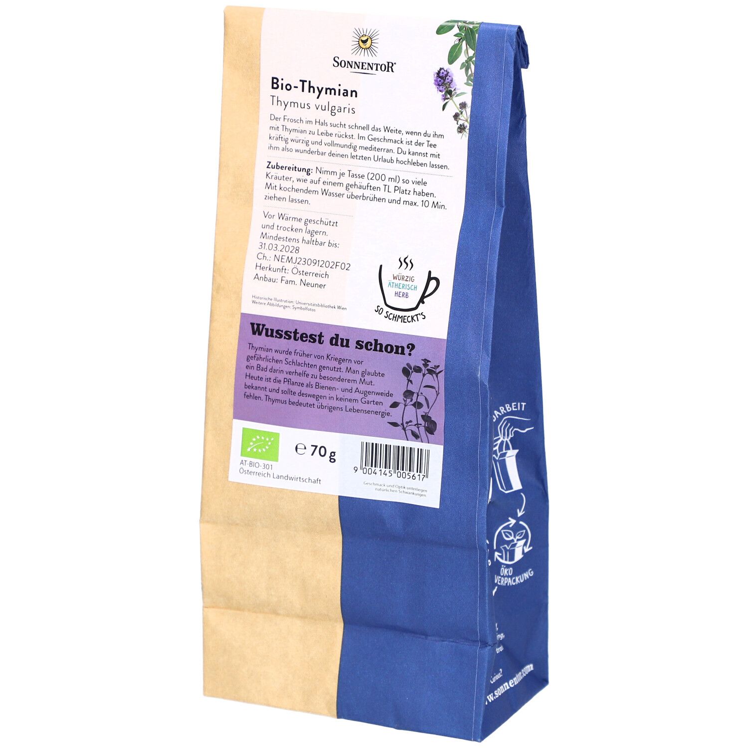 Dos d'un sachet de thym. Marque Sonnentor. Texte : Bio-Thymian, Préparation, 70g, label bio.