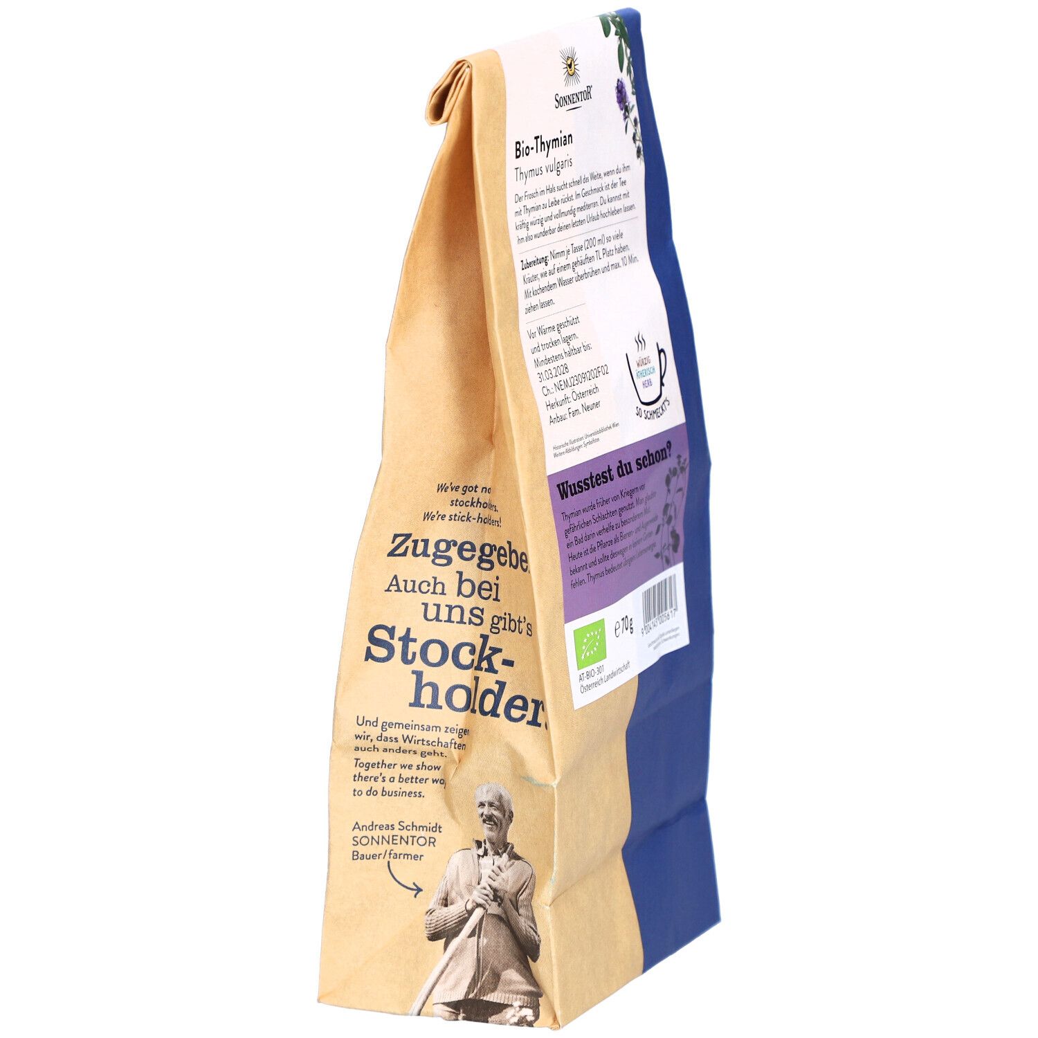 Sachet de thym, vue latérale. Marque Sonnentor. Texte : Bio-Thymian, 70g, label bio, portrait.