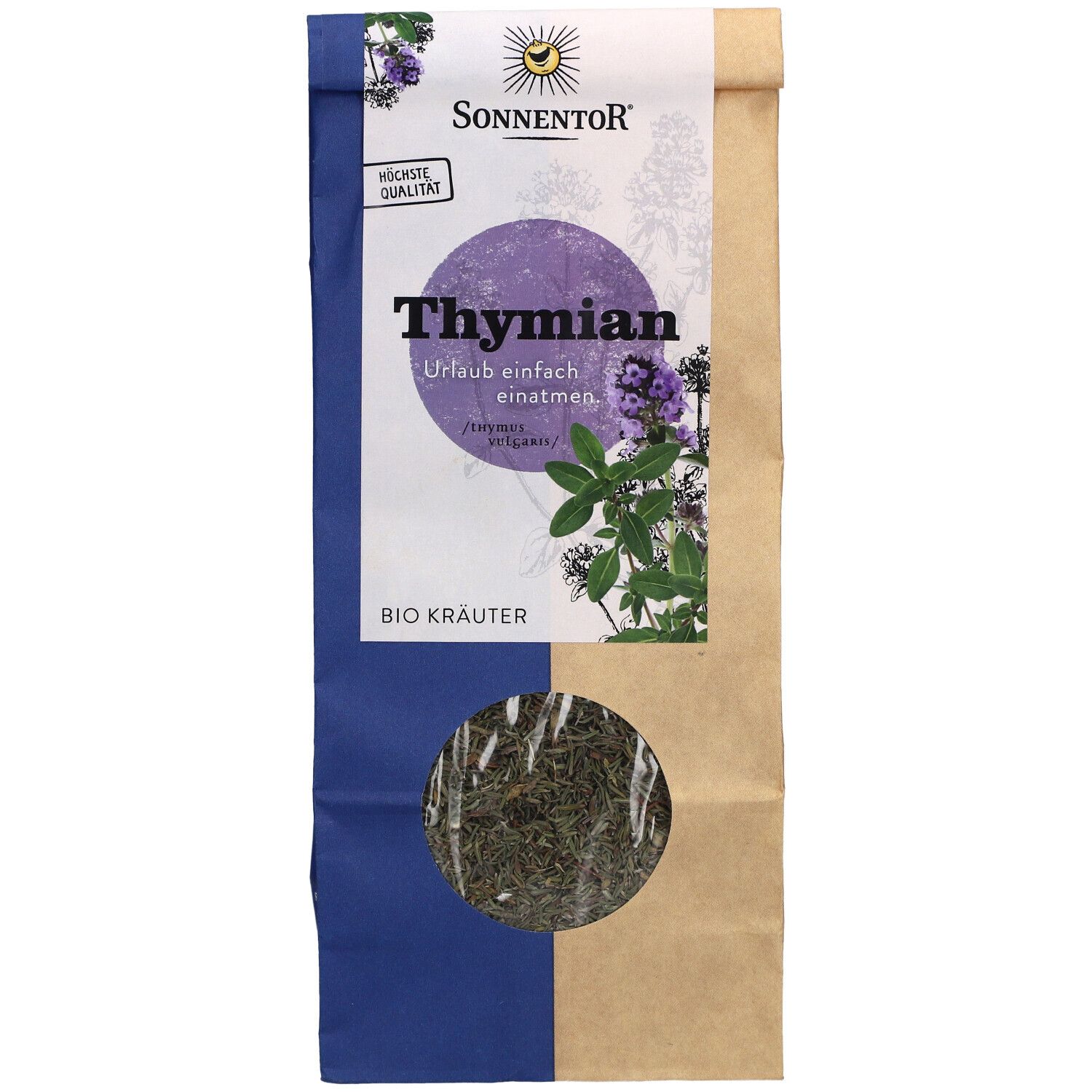 Sachet de thym. Marque Sonnentor. Inscription : Thymian, Bio Kräuter. Fenêtre transparente.