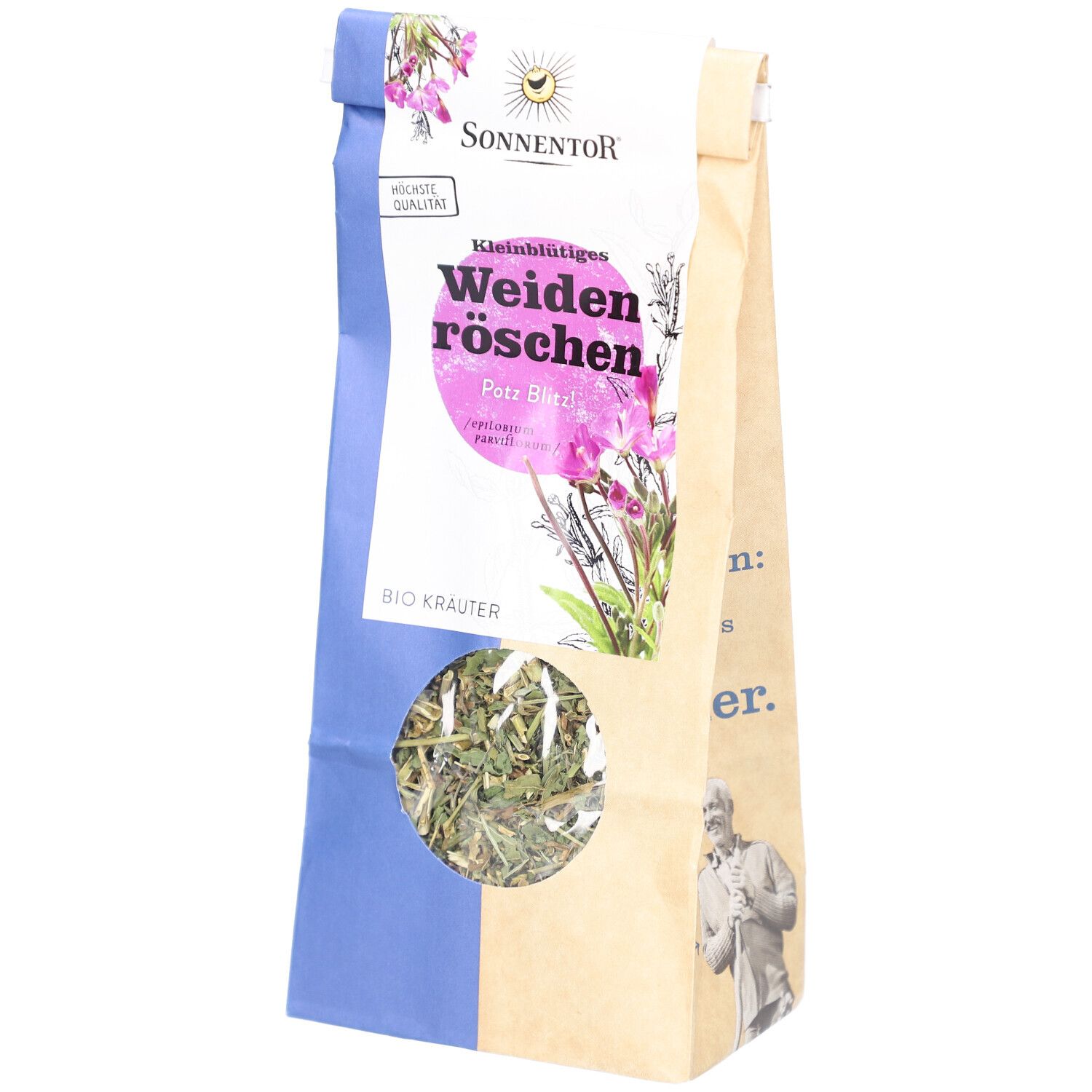 Beutel SONNENTOR Weidenröschen Tee. Sichtfenster zeigt Kräuter. Blaue und braune Verpackung. Text: BIO KRÄUTER.