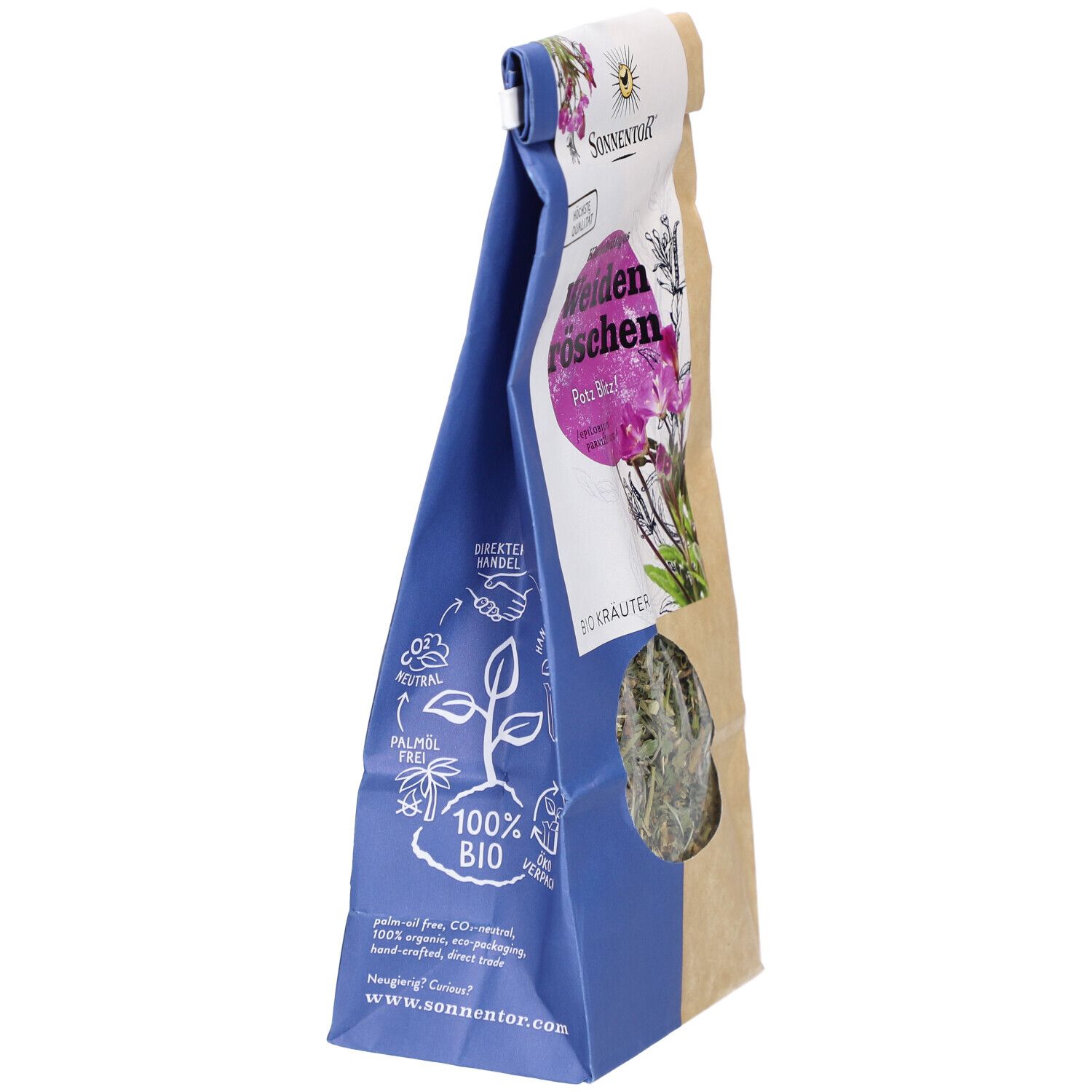 Verpackung SONNENTOR Weidenröschen Tee. Blaue Seite mit Text: 100% BIO. Sichtfenster zeigt Kräuter. Braune Seite.