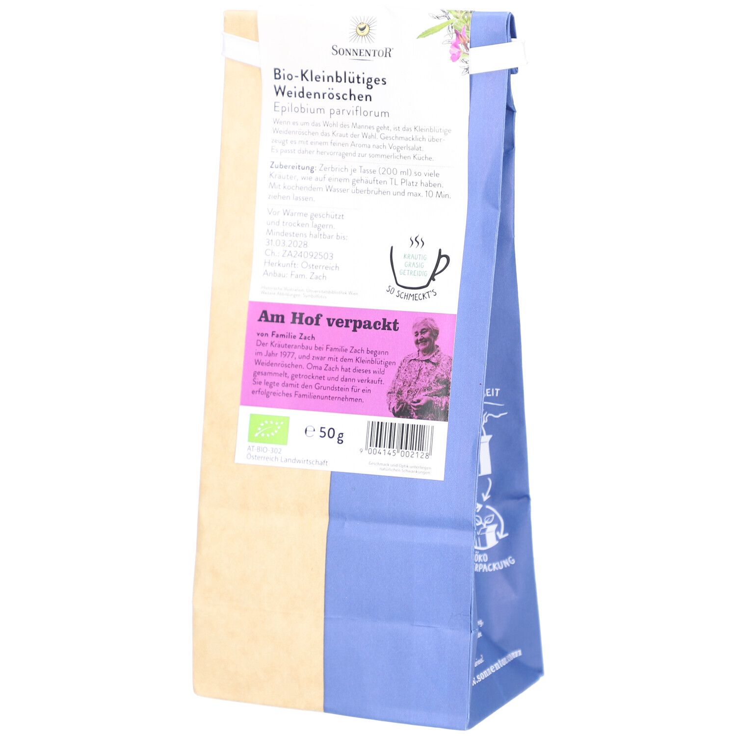 Rückseite der Verpackung SONNENTOR Weidenröschen Tee. Text: Bio-Kleinblütiges Weidenröschen. Mit Zubereitungshinweis.