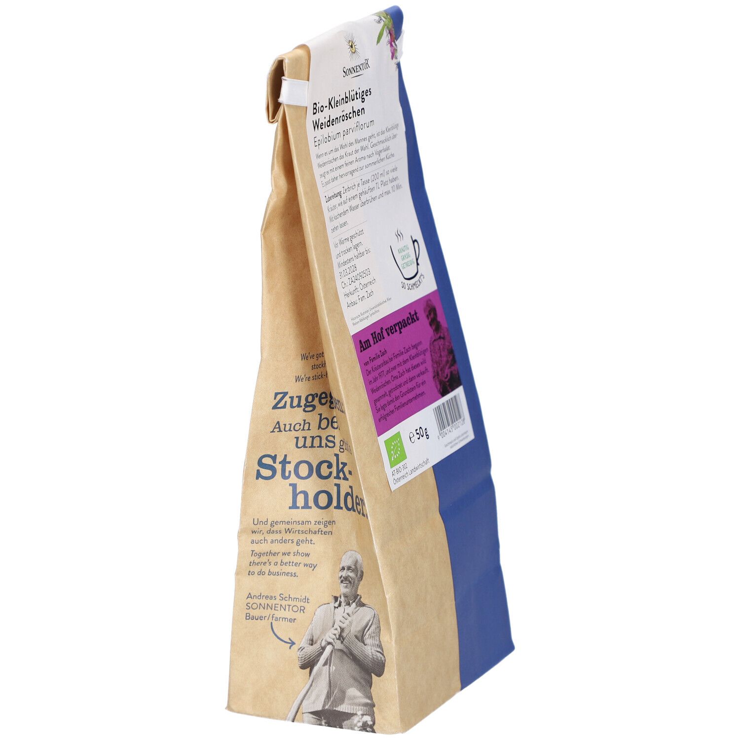 Verpackung SONNENTOR Weidenröschen Tee. Braune Seite mit Text. Blaue Seite mit Text und Bild. Bio-Siegel.