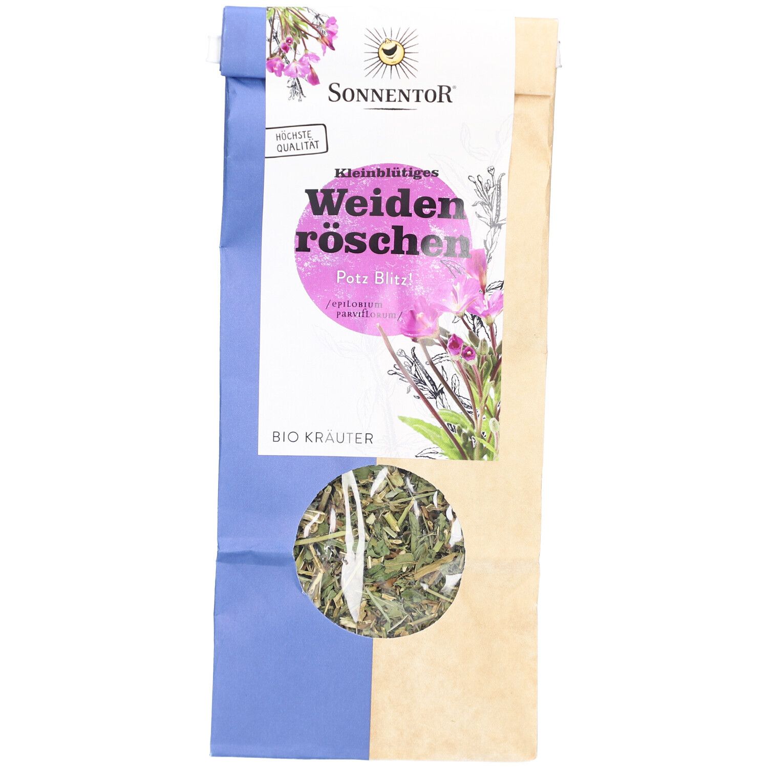 SONNENTOR Weidenröschen Tee Verpackung. Sichtfenster zeigt Kräuter. Text: BIO KRÄUTER. Rosa Kreis mit Text.