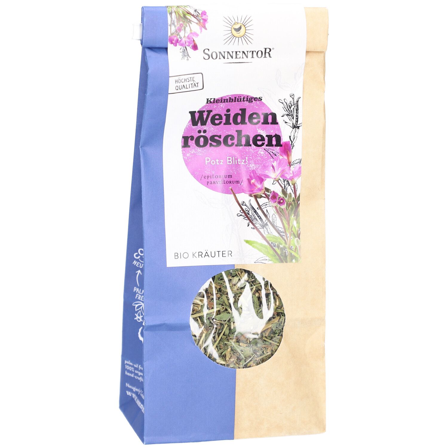 SONNENTOR Weidenröschen Tee Verpackung. Sichtfenster zeigt Kräuter. Text: BIO KRÄUTER. Rosa Kreis mit Text.