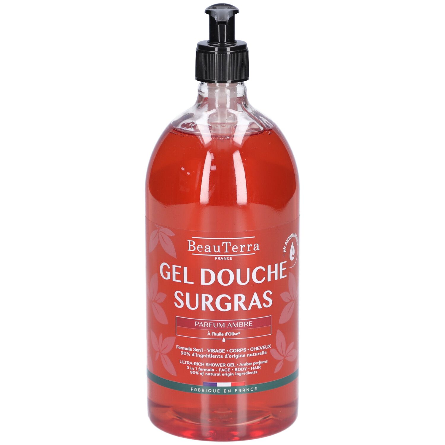 Flacon transparent de gel douche rouge. Pompe noire. Inscriptions: BeauTerra, Gel Douche Surgras, Parfum Ambre.