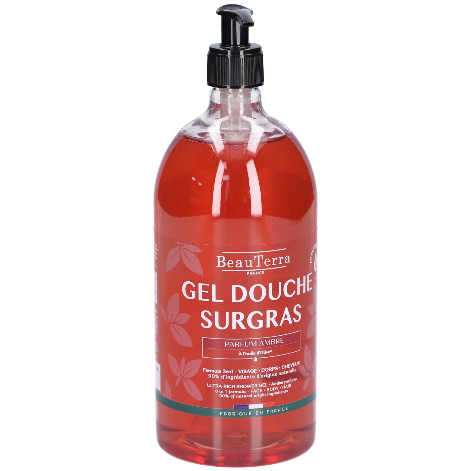Flacon transparent de gel douche rouge. Pompe noire. Inscriptions: BeauTerra, Gel Douche Surgras, Parfum Ambre.