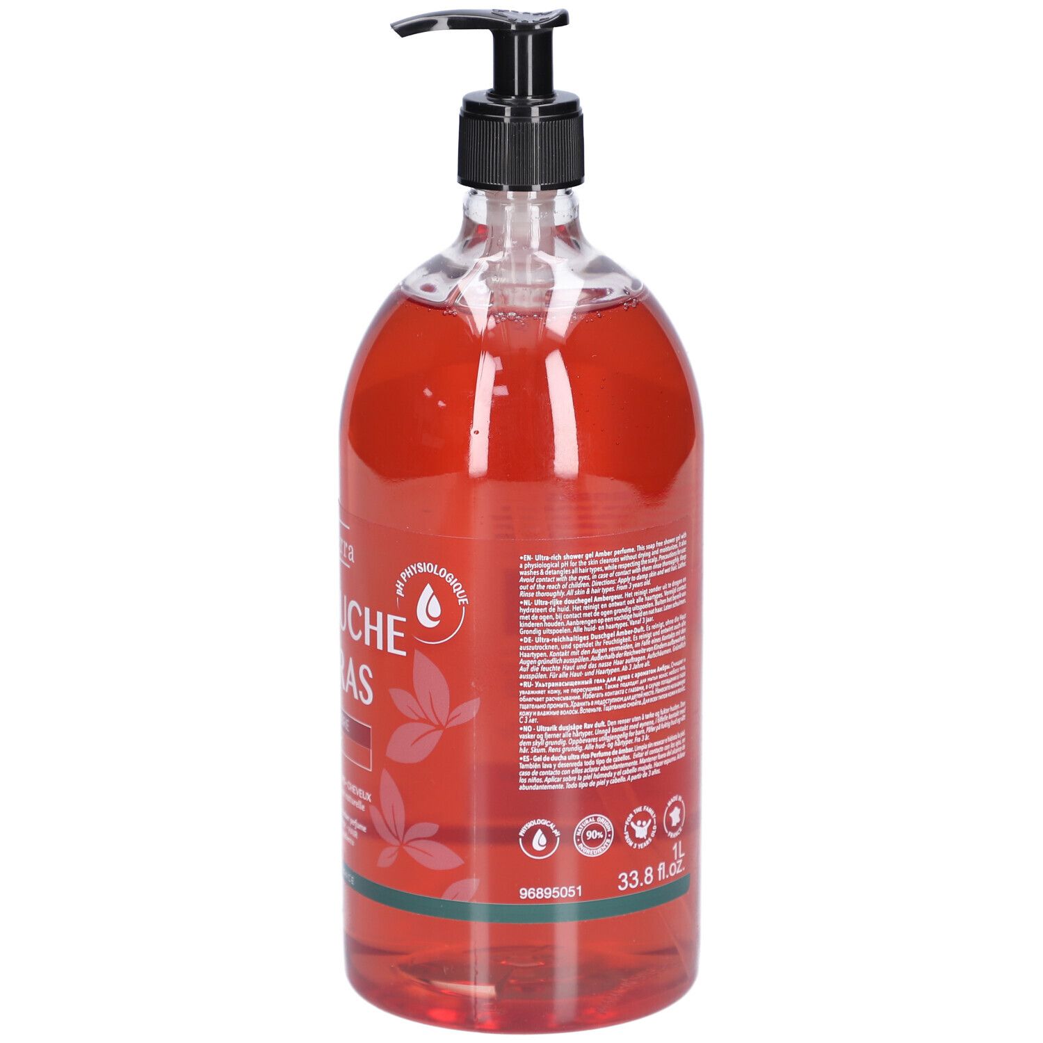 Dos du flacon transparent de gel douche rouge. Pompe noire. Texte et logos. 1L et 33.8 fl.oz.