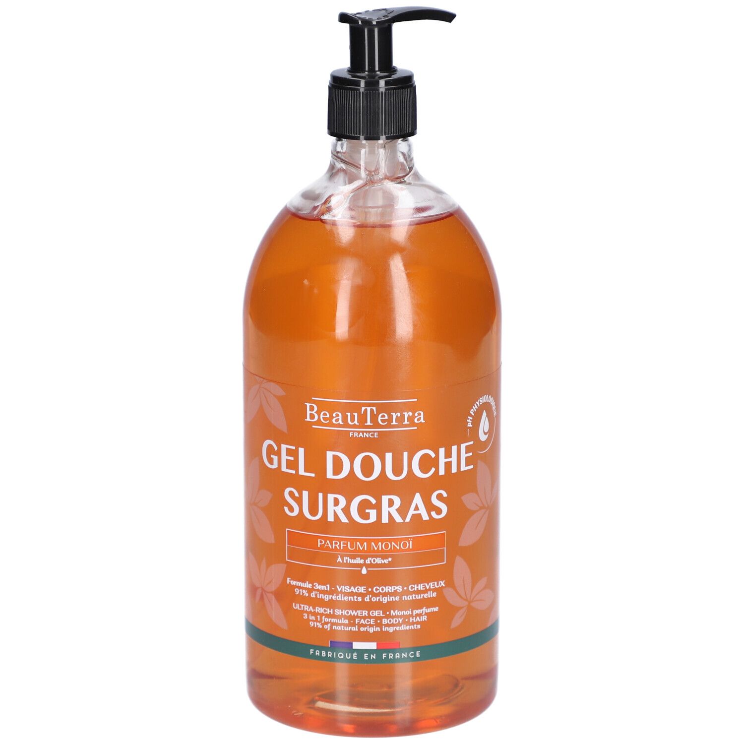 Transparente Flasche mit braunem Duschgel. Schwarzer Spender. Aufschrift: BeauTerra, Gel Douche Surgras, Parfum Monoï.