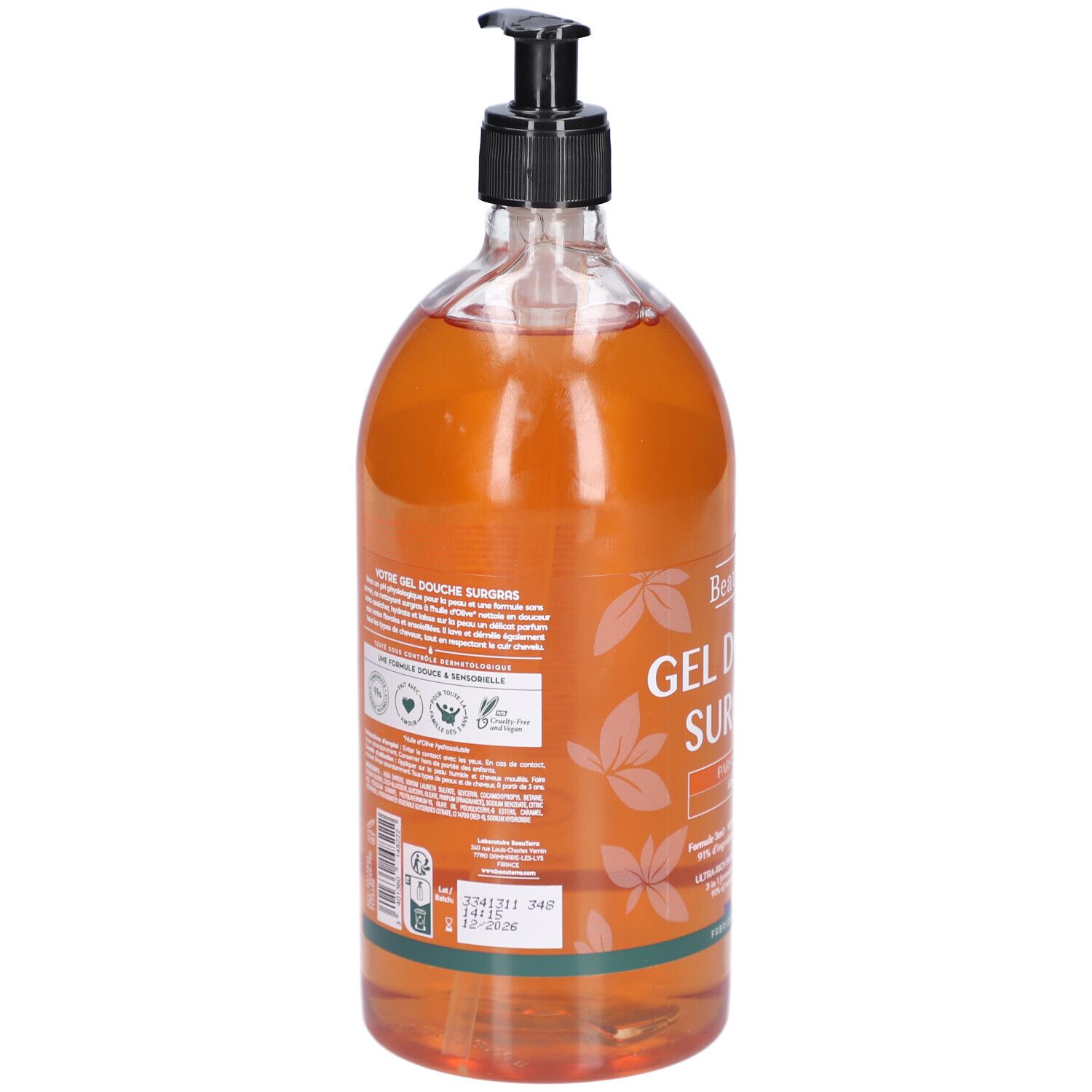 Rückseite der Flasche mit braunem Duschgel. Schwarzer Spender. Text und Logos. Grüne Etiketten. 1L.