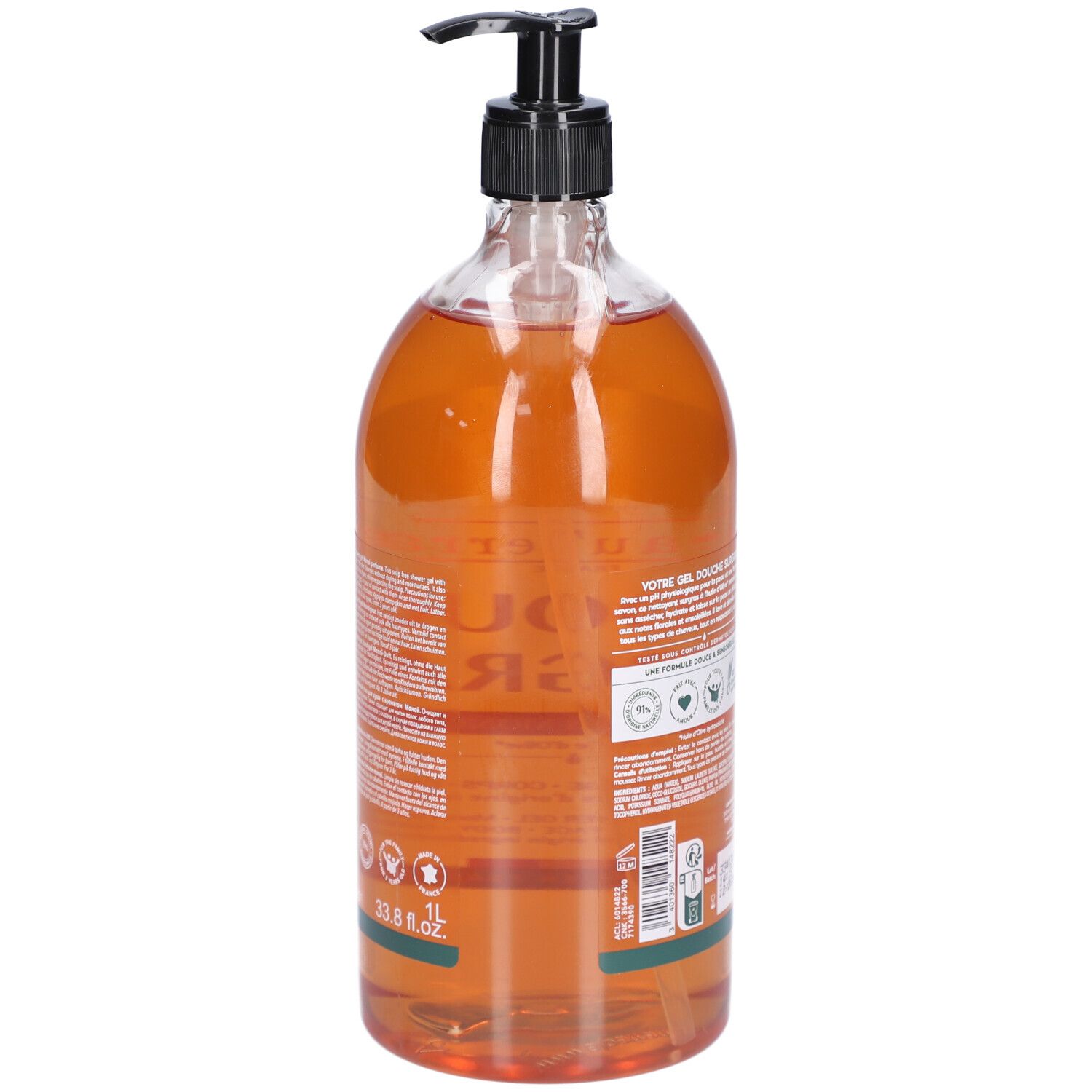 Rückseite der Flasche mit braunem Duschgel. Schwarzer Spender. Text und Logos. Grüne Etiketten. 1L.