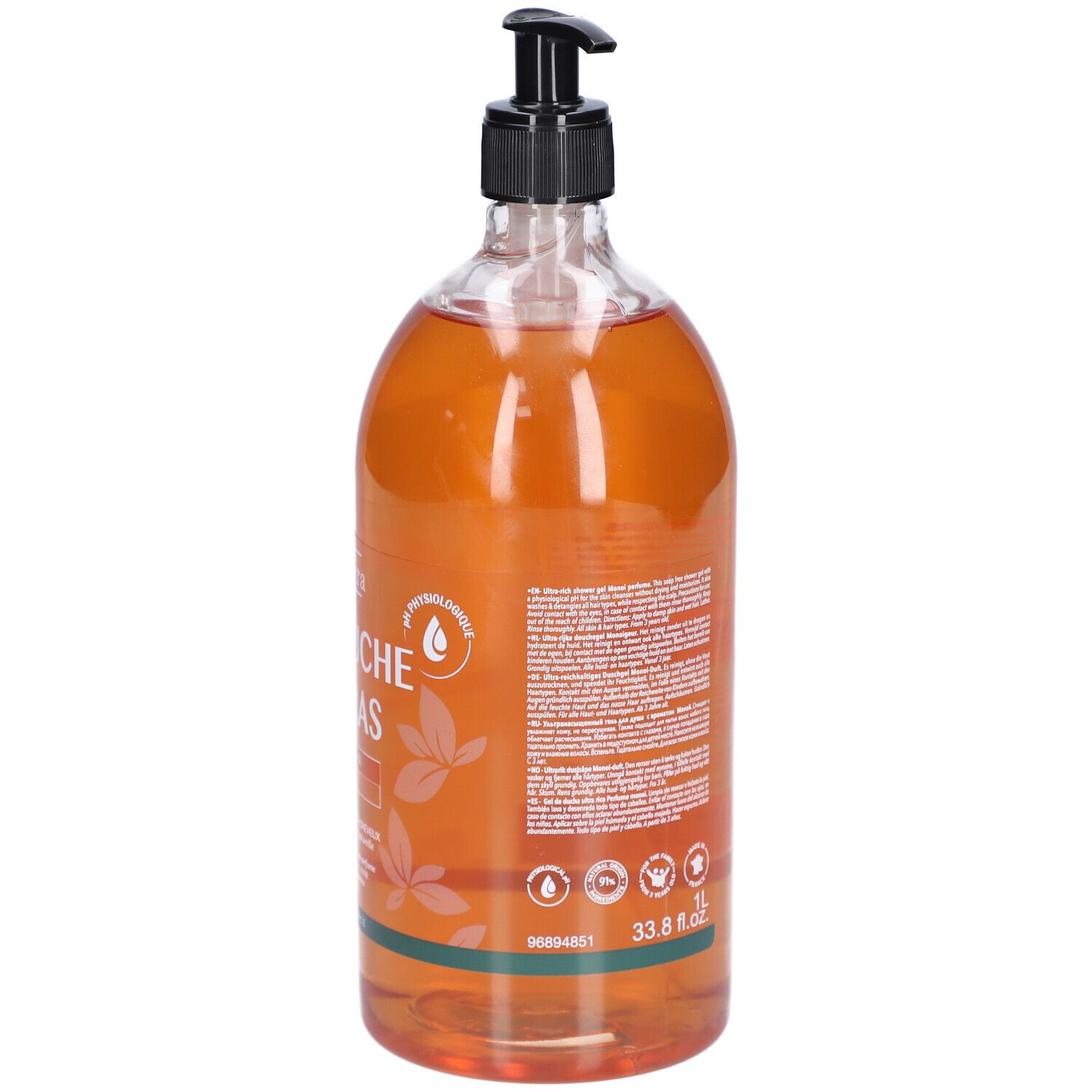 Rückseite der Flasche mit braunem Duschgel. Schwarzer Spender. Text und Logos. Grüne Etiketten. 1L.